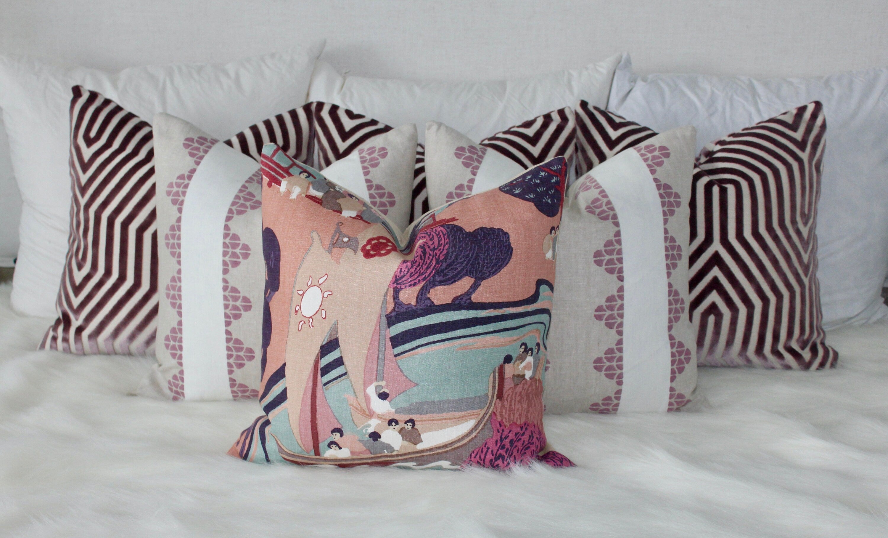 Schumacher Pearl River Linen Pillow in Blush. Designer Purple Aqua Pillow // Lumbar Linen Pillow // Chinoiserie Pillow Cover //