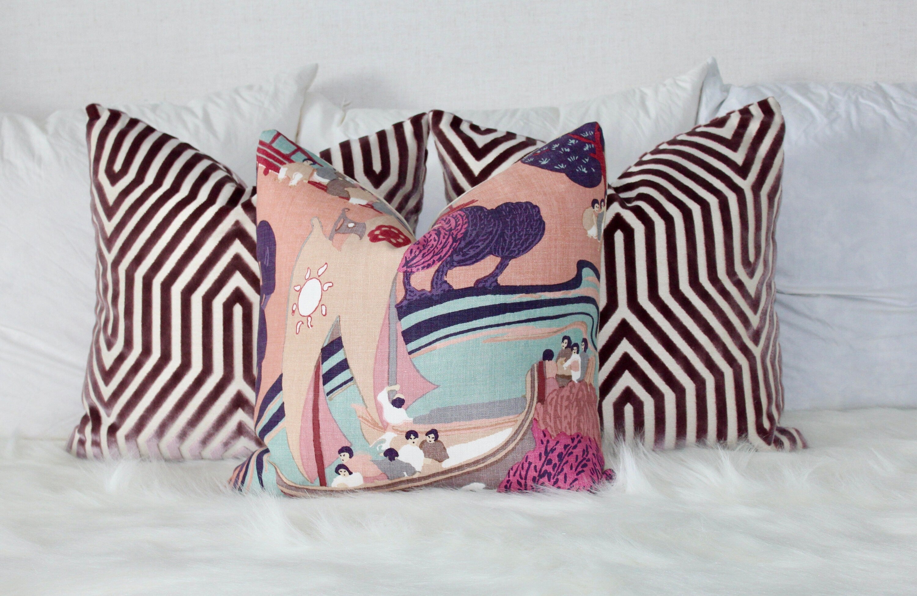 Schumacher Pearl River Linen Pillow in Blush. Designer Purple Aqua Pillow // Lumbar Linen Pillow // Chinoiserie Pillow Cover //