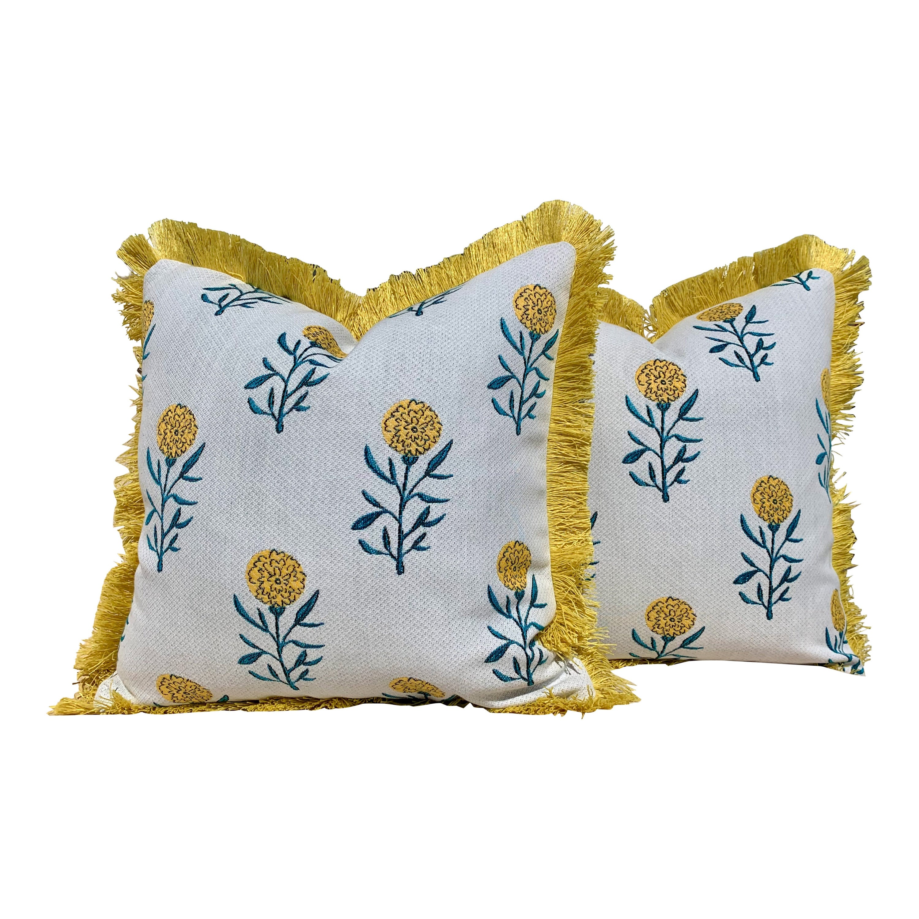Outdoor Floral Pillow in Yellow and Teal. Accent Lumbar pillow, Sunbrella Pillow with Brush Fringe, Euro Sham Decorative Pillow Cover