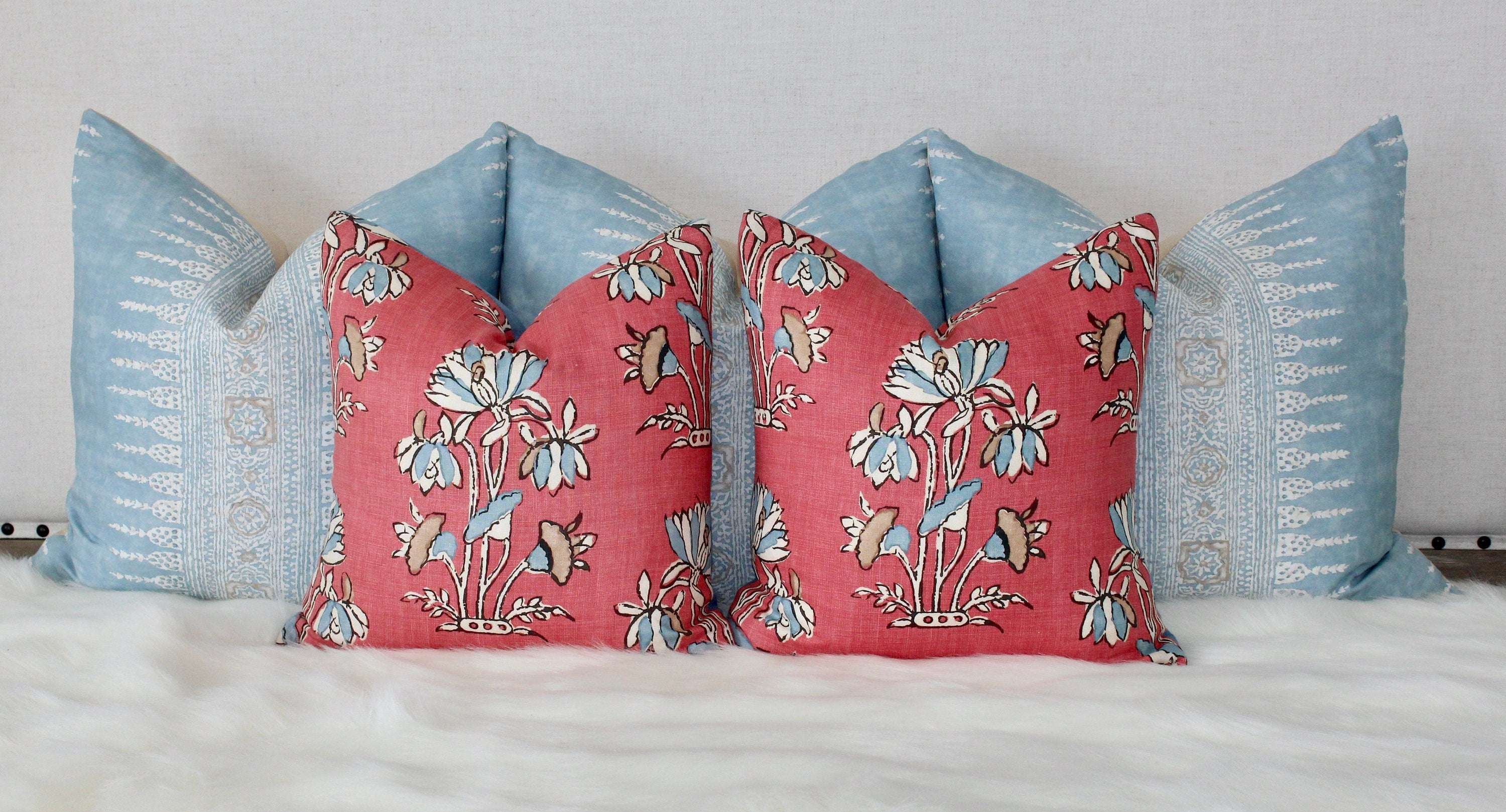 Lily Flower Pillow in Coral. Lumbar Floral Pillow Cover, Designer Coral Throw Pillow, Accent Pillow in Red Blue, Euro Sham Cushion Cover