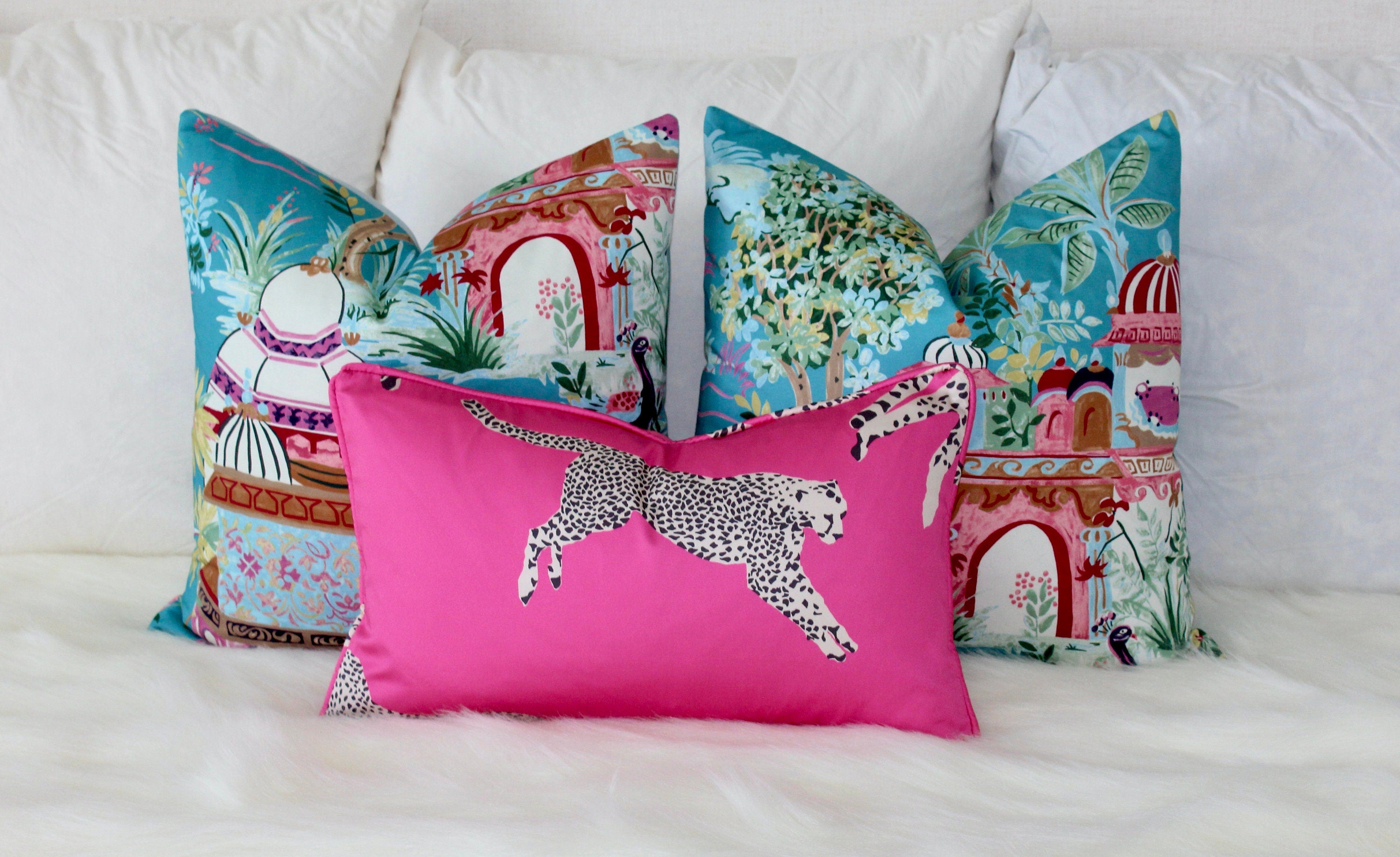 Leaping Cheetah Pink Pillow. Scalamandre Pillow, Bubblegum Pink Pillow, Animal Print Cushion, Designer Pillow, Euro Sham, Long Lumbar Pillow