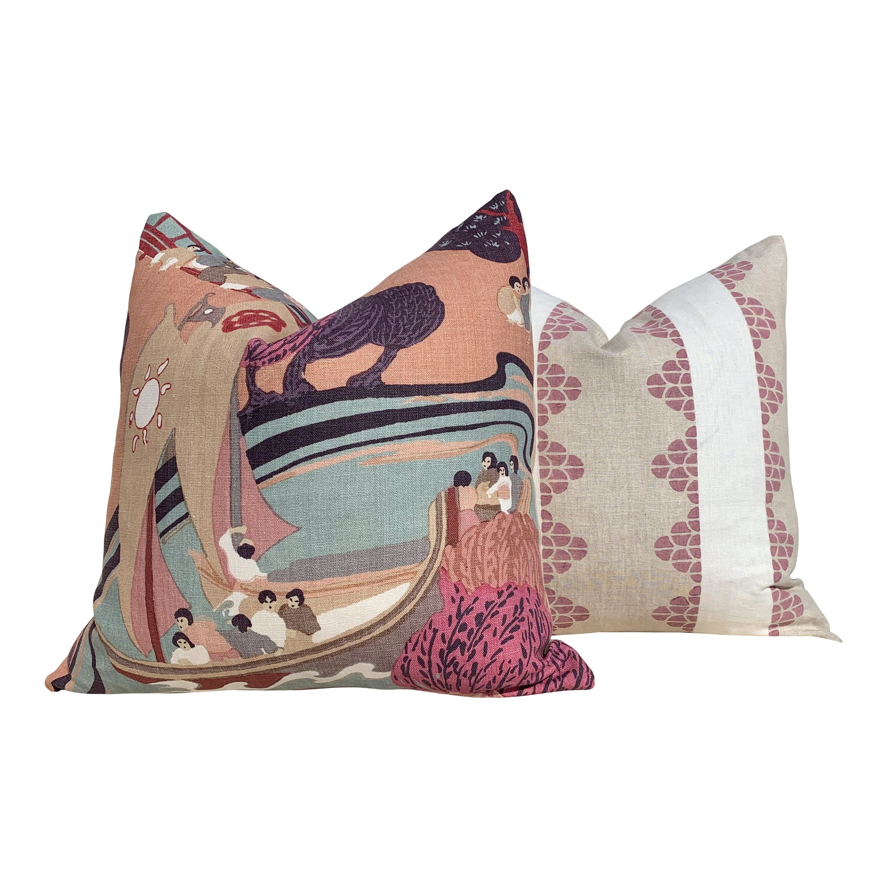 Schumacher Pearl River Linen Pillow in Blush. Designer Purple Aqua Pillow // Lumbar Linen Pillow // Chinoiserie Pillow Cover //