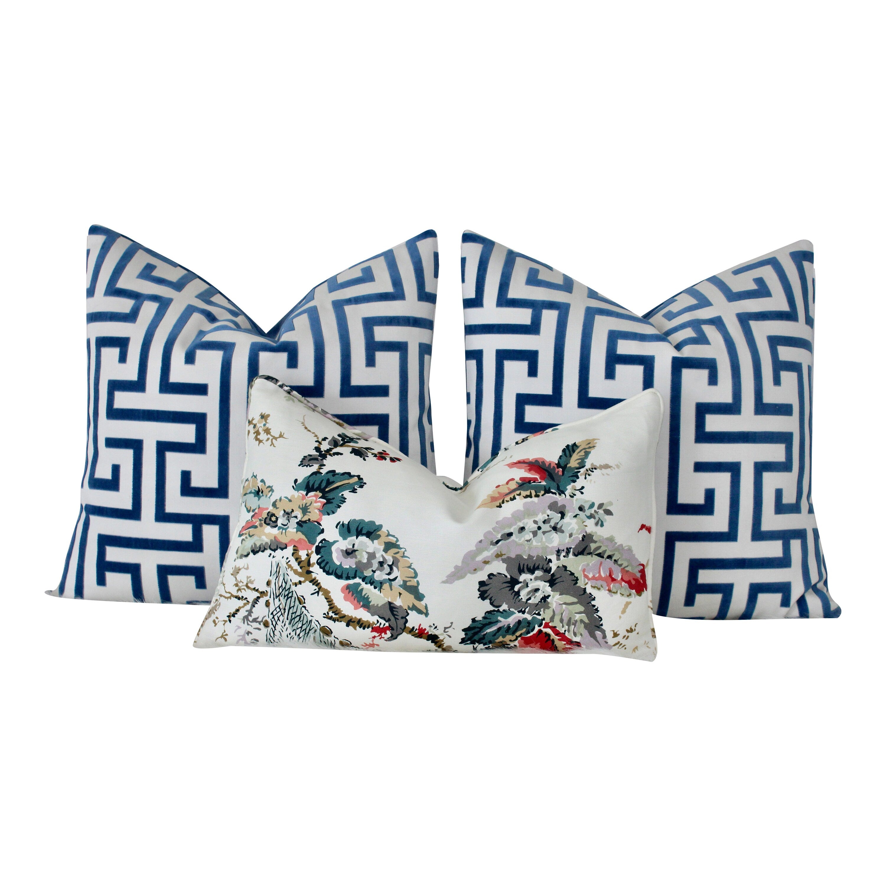 Ming Trail Pillow Ocean Blue. Lumbar Pillow, Chinoiserie Pillow, Blue and White Pillows, Velvet Bolster, Trellis Blue Pillow, Greek Key maze