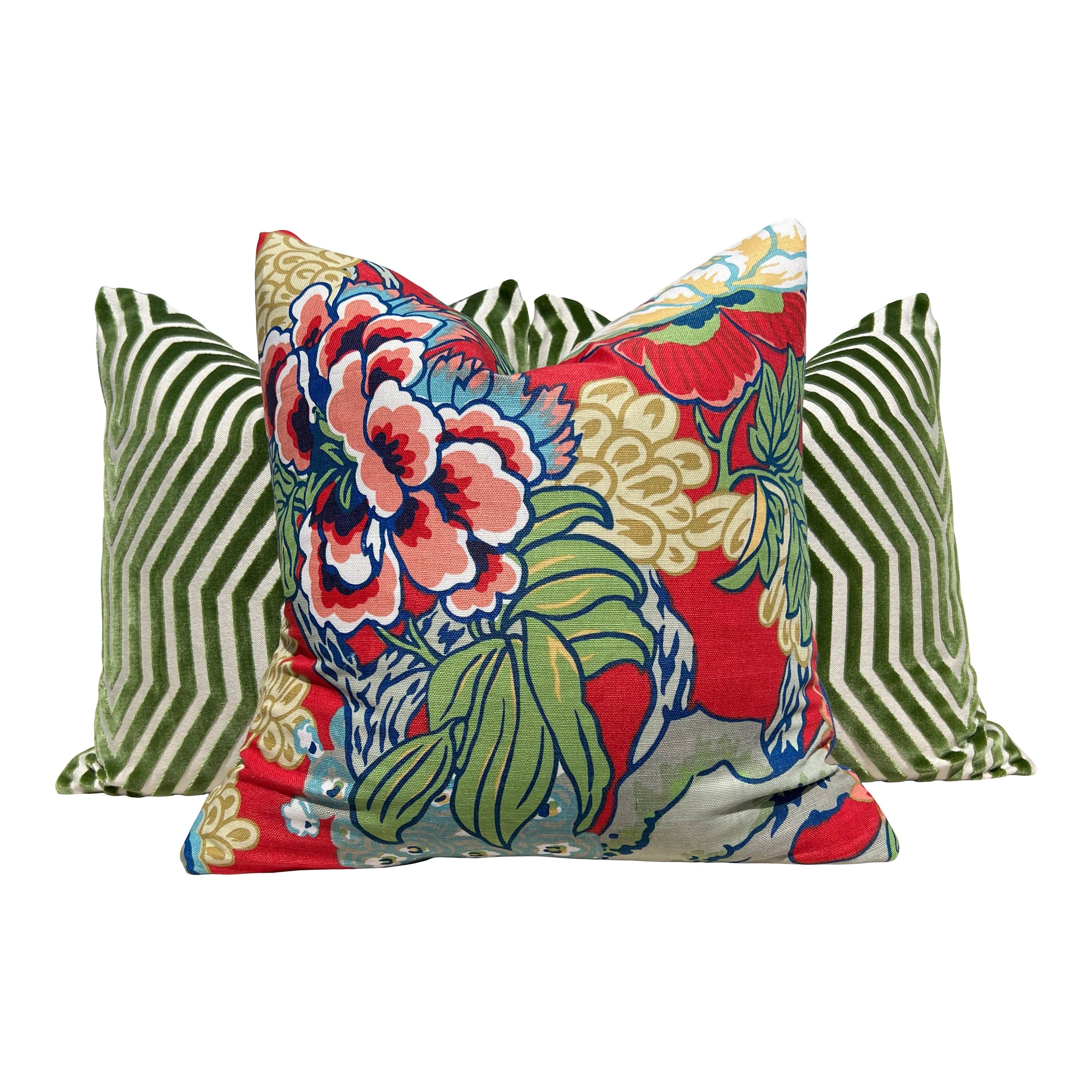 Thibaut Honshu Pillow in Coral. Chinoiserie PillowCover, Lumbar Red Green Pillow, Euro Sham Pillow, Floral Bedding Pillow Decor