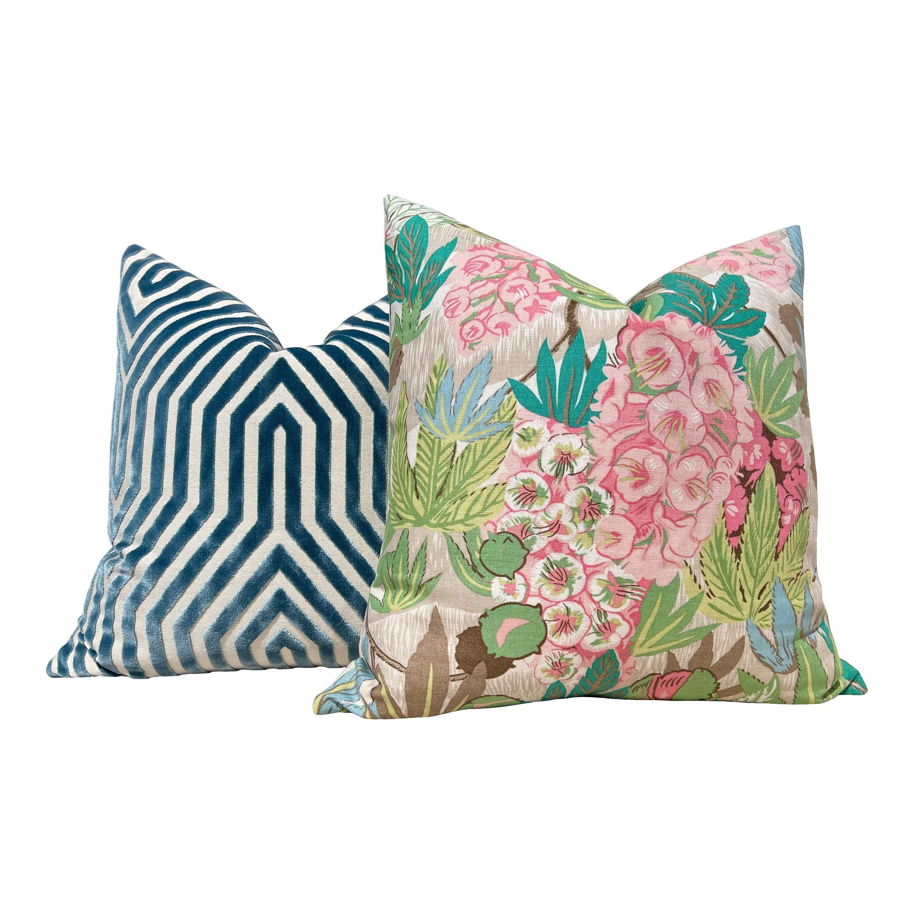 Del Lungo Exotic Floral Pillow Pink Teal Green. Tropical Blush Pillow Case, Designer Cushion Cover, Euro Sham Slipcover, Lumbar Pillow