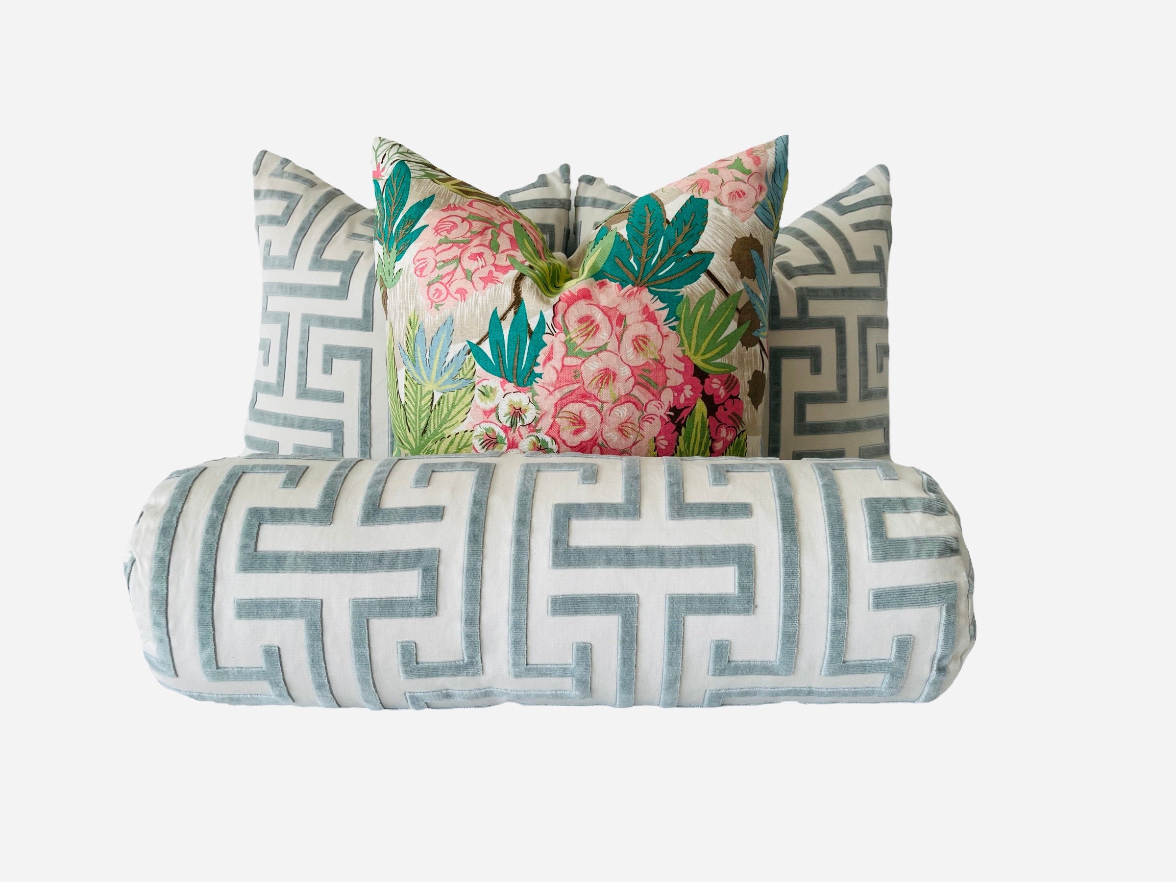 Del Lungo Exotic Floral Pillow Pink Teal Green. Tropical Blush Pillow Case, Designer Cushion Cover, Euro Sham Slipcover, Lumbar Pillow