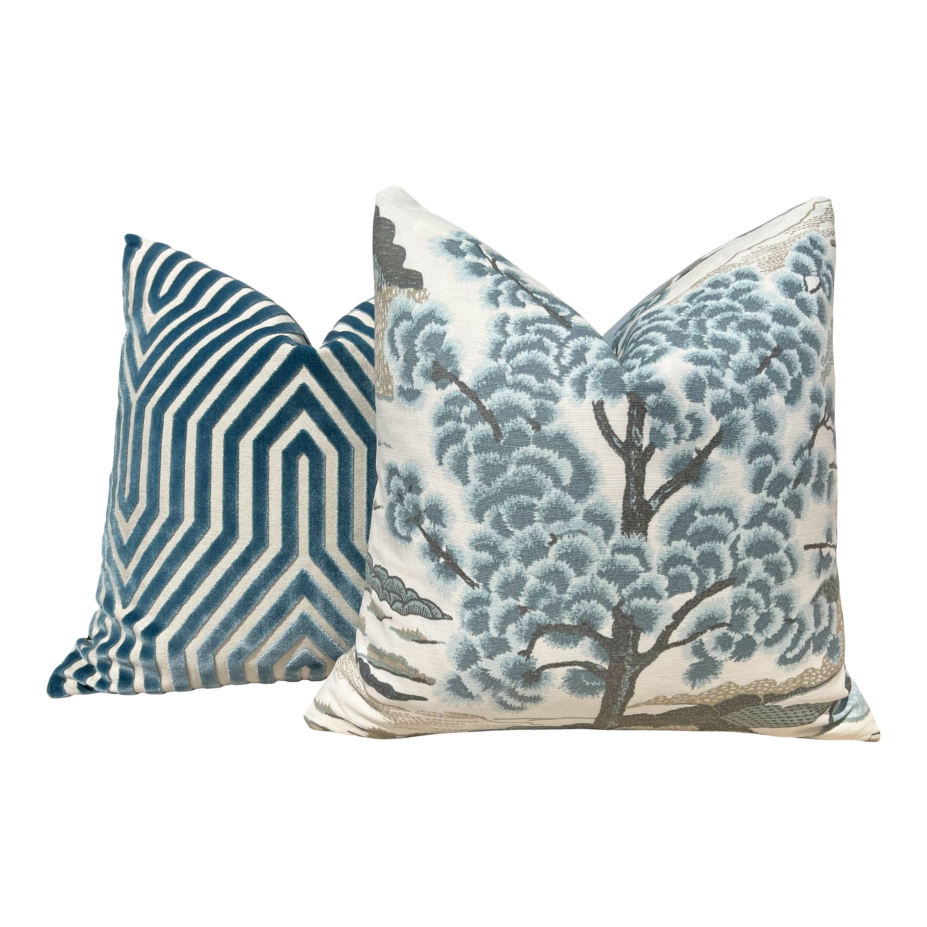 Designer Daintree Decorative Pillow in Aqua. Accent Botanical Pillow cover in Aqua Blue, Euro Sham Cotton Linen Cushion Case with Zipper