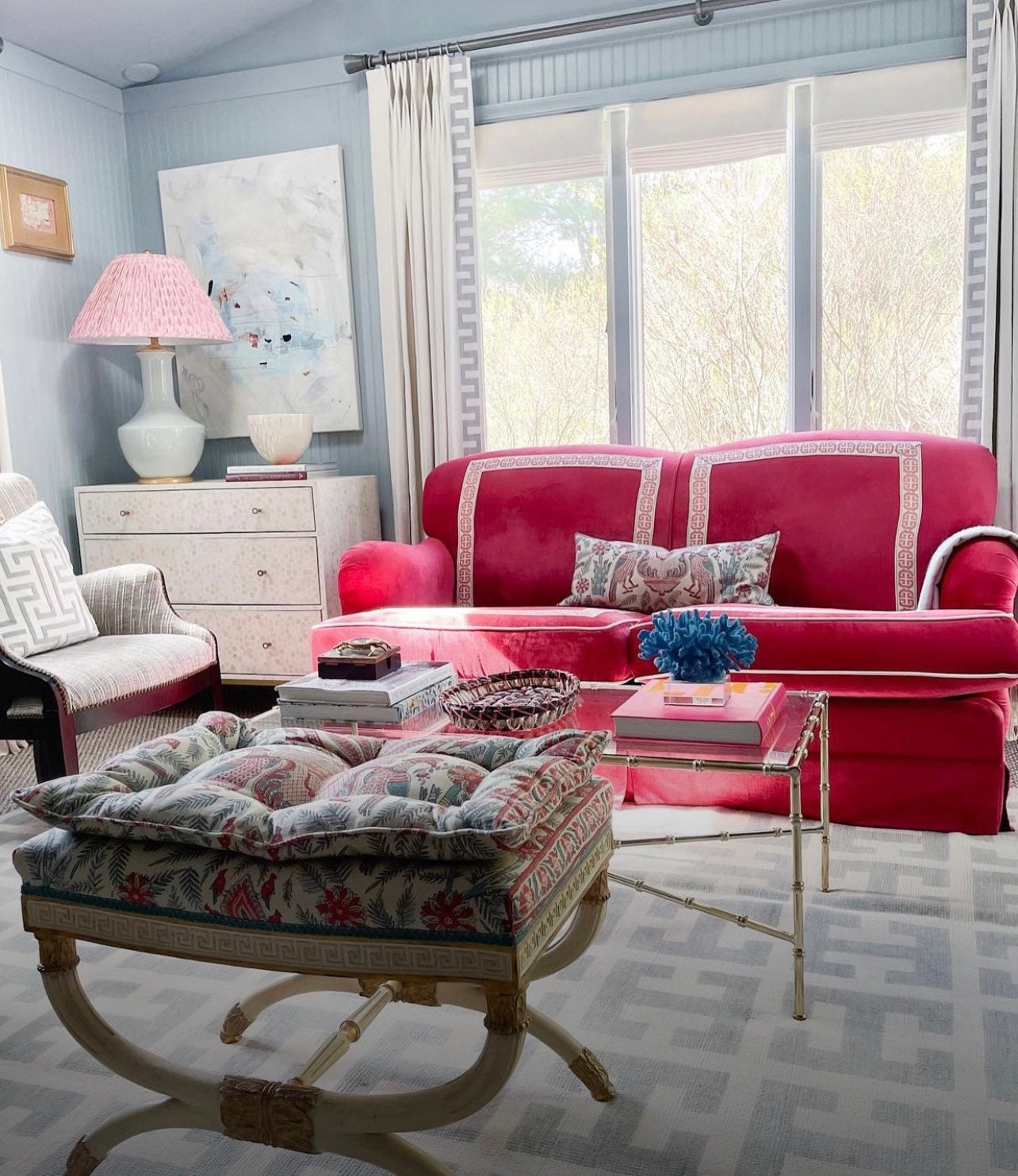 Thibaut Palampore Bird Lumbar Pillow in Red and Blue.