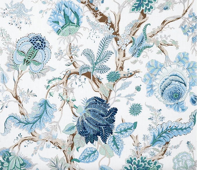 Schumacher Indian Arbre Pillow in Turquoise. Accent Floral Lumbar Pillow in Aqua and Emerald, Extra Long Lumbar Pillow in Teal, Euro Sham