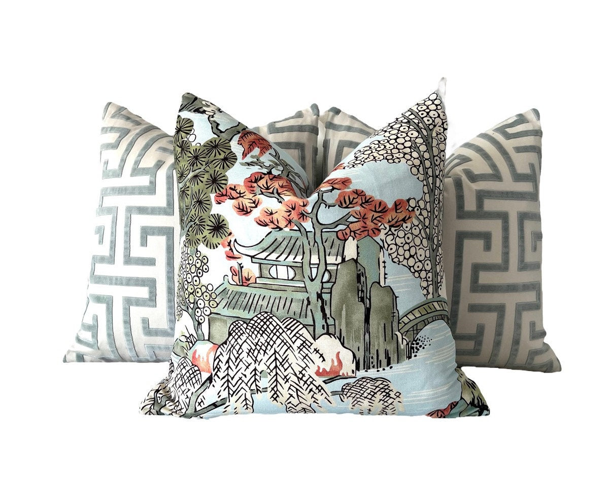 Asian Scenic Pillow In Robin Egg. Chinoiserie Lumbar Pillow, Chinoiserie Pagoda Euro Sham Cushion Case in Burnt Orange Green Blue