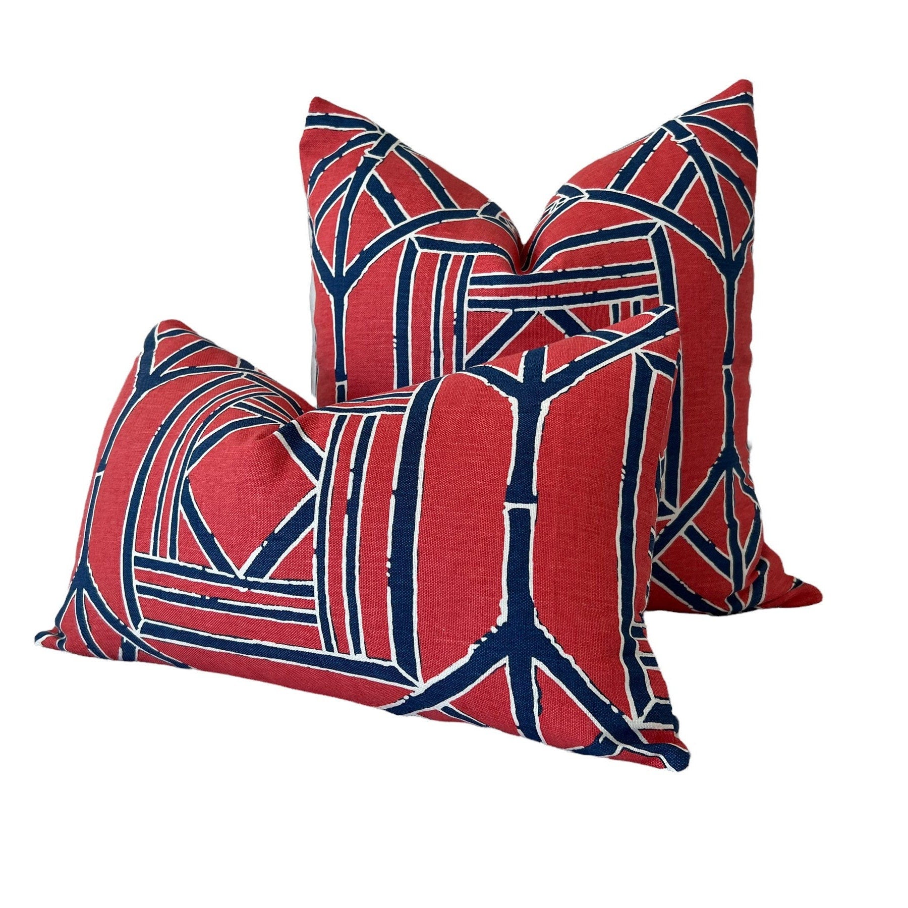 Shoji Panel Pillow in Raspberry and Blue. Geometric Accent Designers Pillow Cover in Red Bamboo Chinoiserie Lumbar Cushion Euro Sham