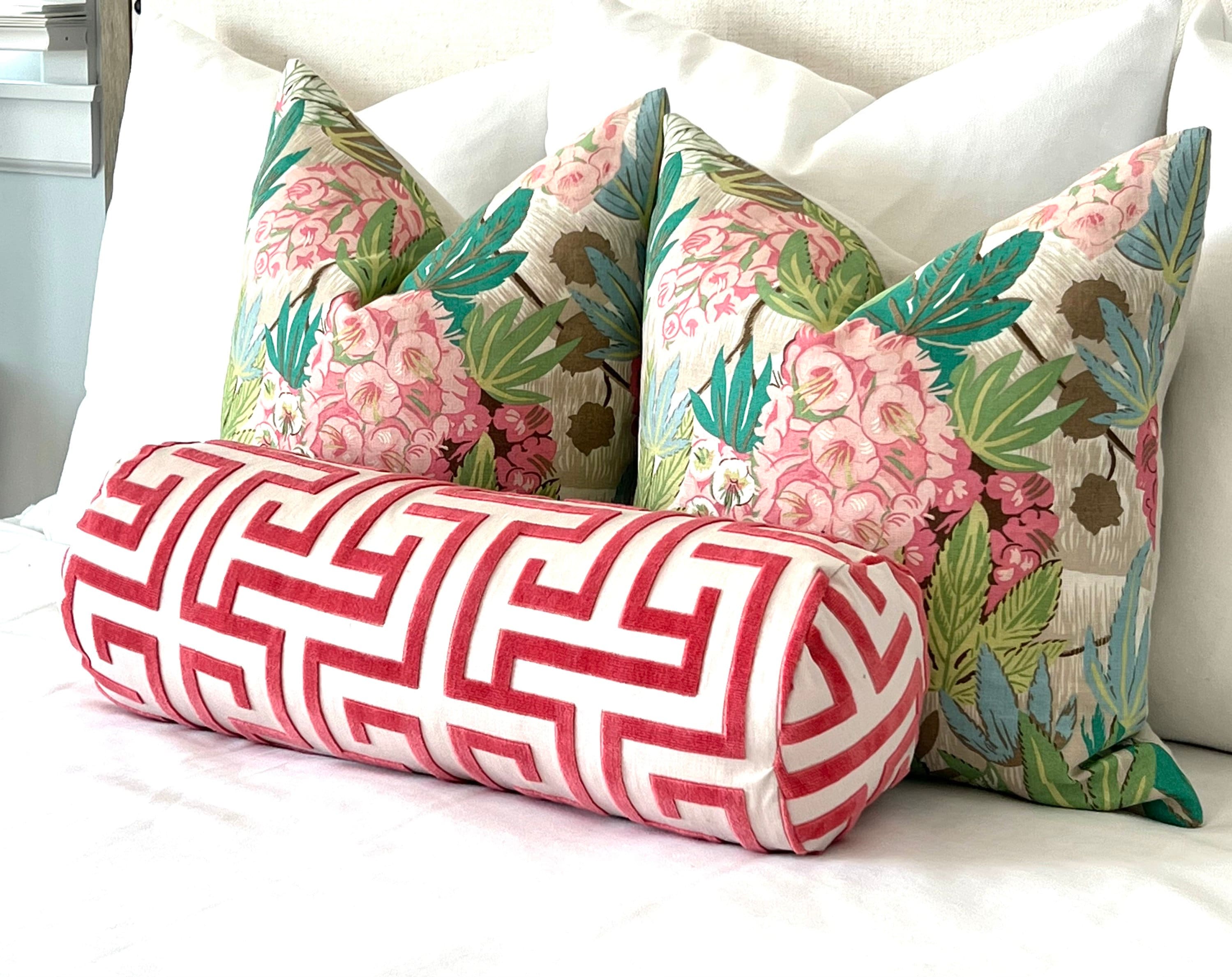 Del Lungo Exotic Floral Pillow Pink Teal Green. Tropical Blush Pillow Case, Designer Cushion Cover, Euro Sham Slipcover, Lumbar Pillow