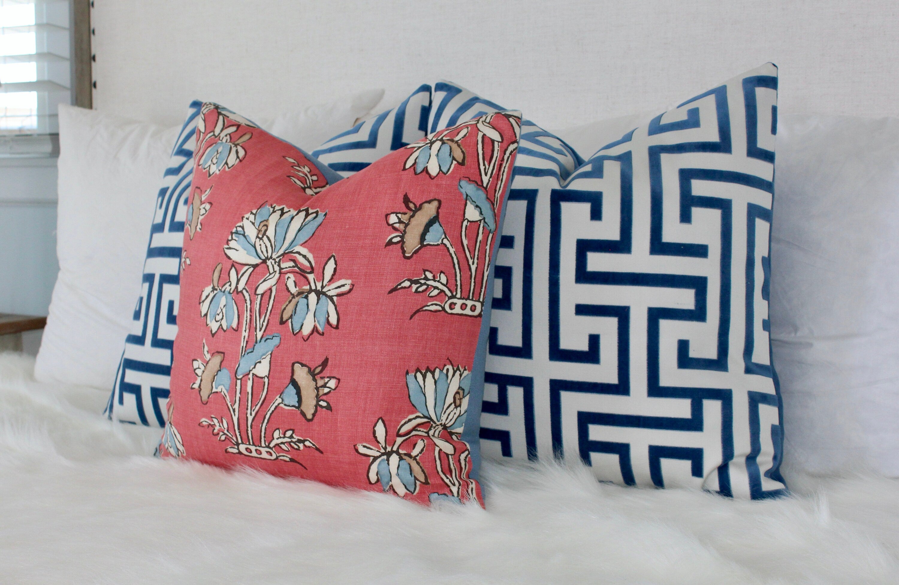 Ming Trail Pillow Ocean Blue. Lumbar Pillow, Chinoiserie Pillow, Blue and White Pillows, Velvet Bolster, Trellis Blue Pillow, Greek Key maze