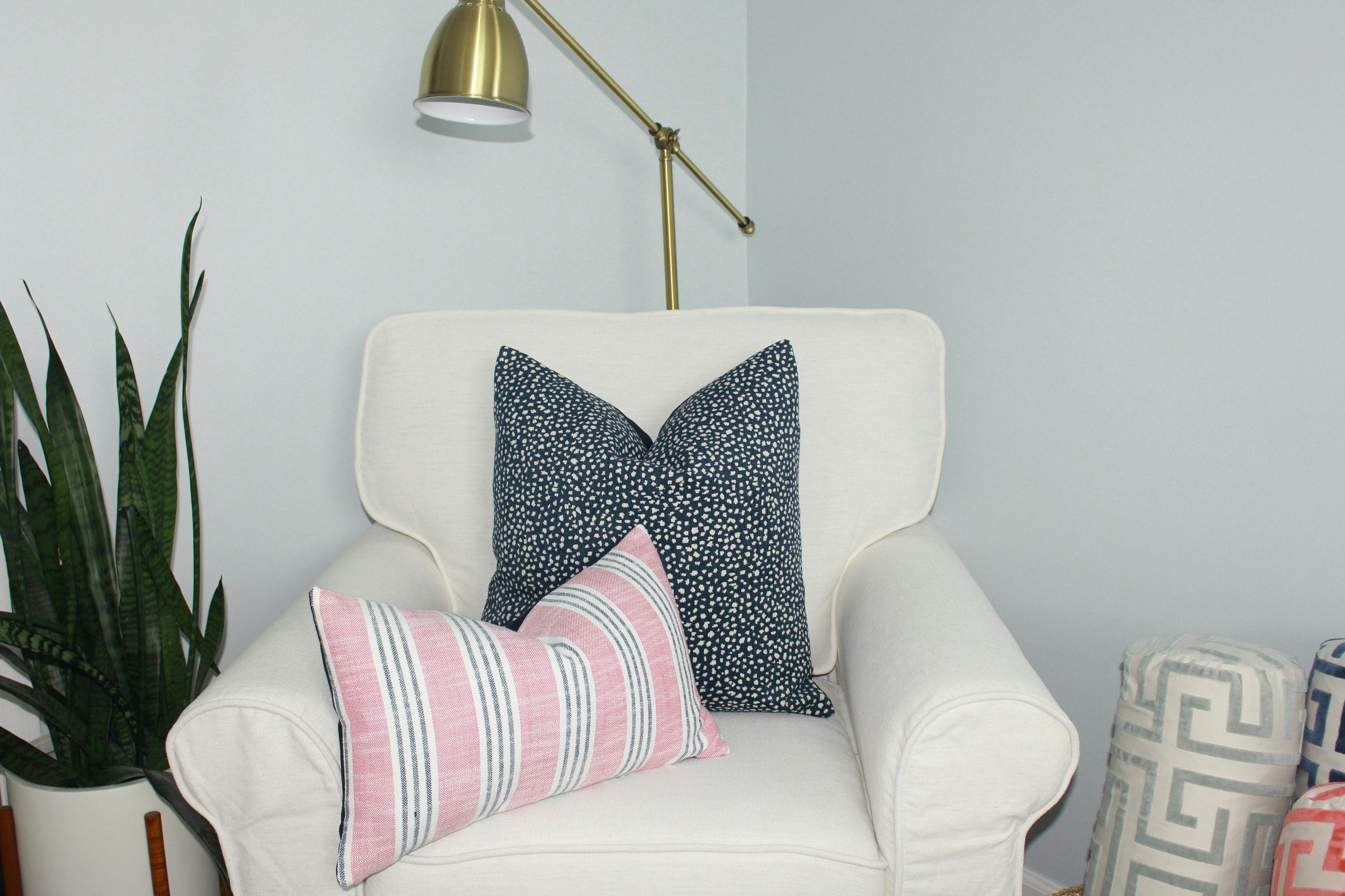 Thibaut Indoor/Outdoor Woven Southport Stripe Pillow in Peony and Navy. Outdoor Striped Pillow Cover Pink and Dark Blue Accent Lumbar