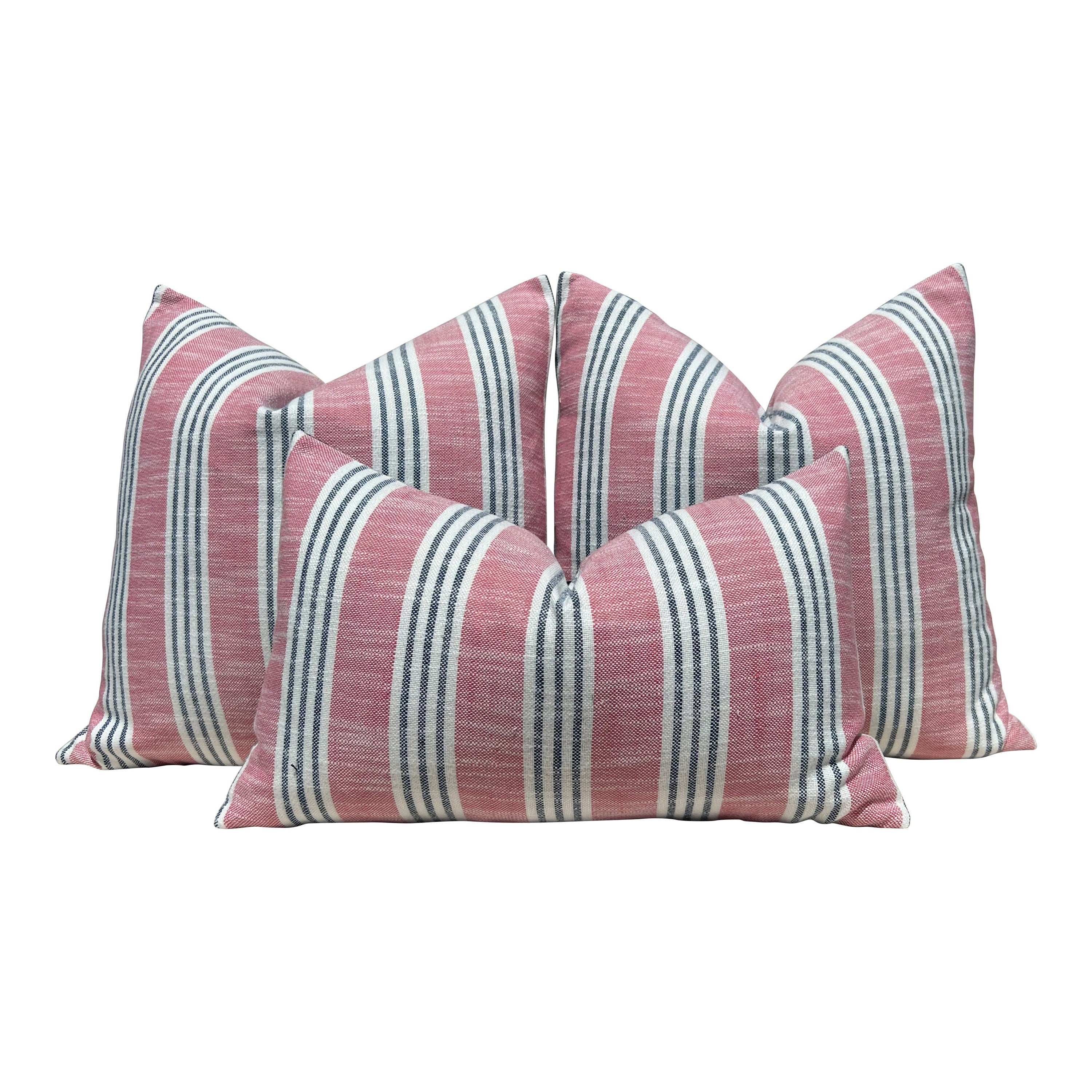 Thibaut Indoor/Outdoor Woven Southport Stripe Pillow in Peony and Navy. Outdoor Striped Pillow Cover Pink and Dark Blue Accent Lumbar