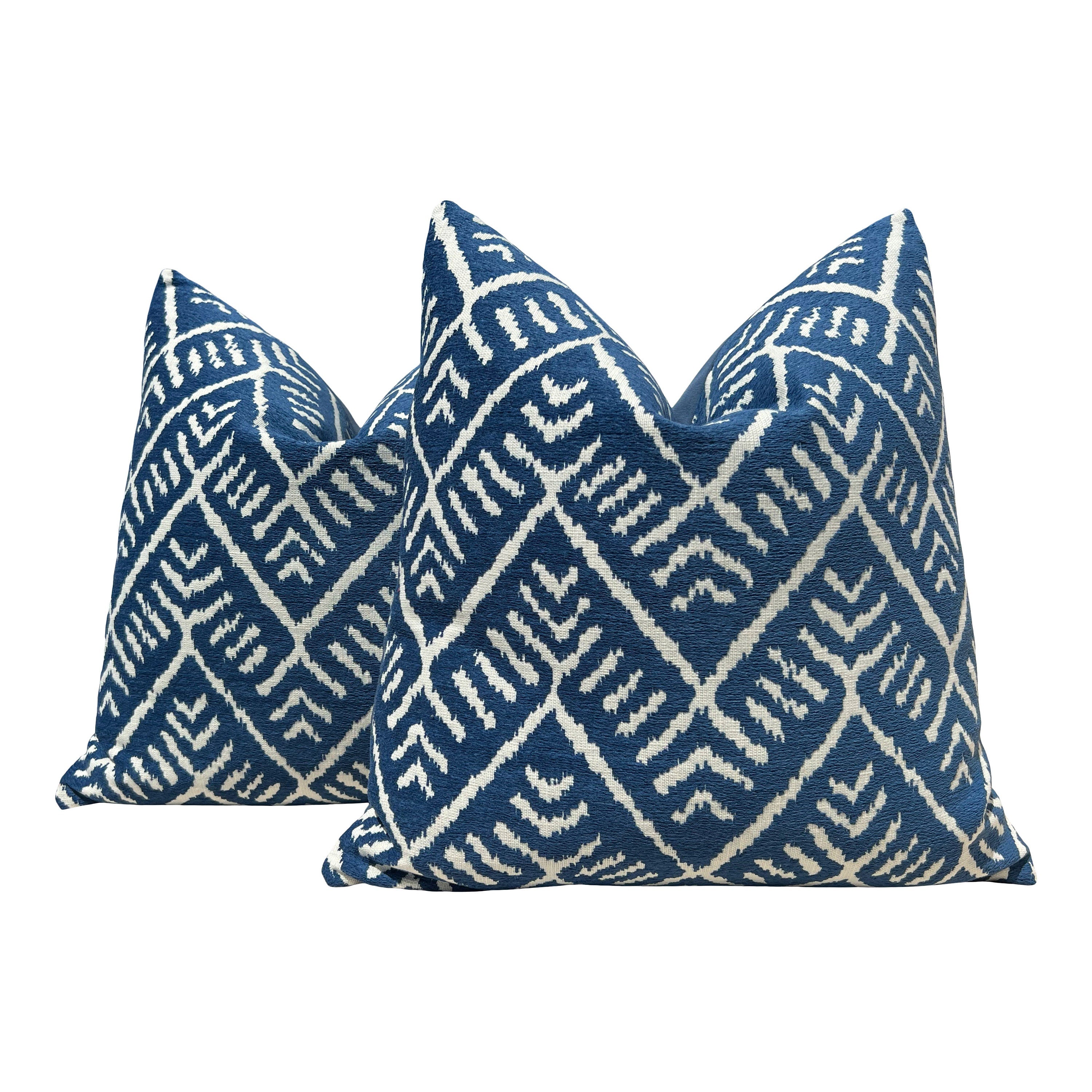 Outdoor Tahoe Geometric Pillow in Denim. Zig Zag Blue Decorative Pillow Cover, Designers Chevron Outdoor Lumbar Pillow in Blue and White,