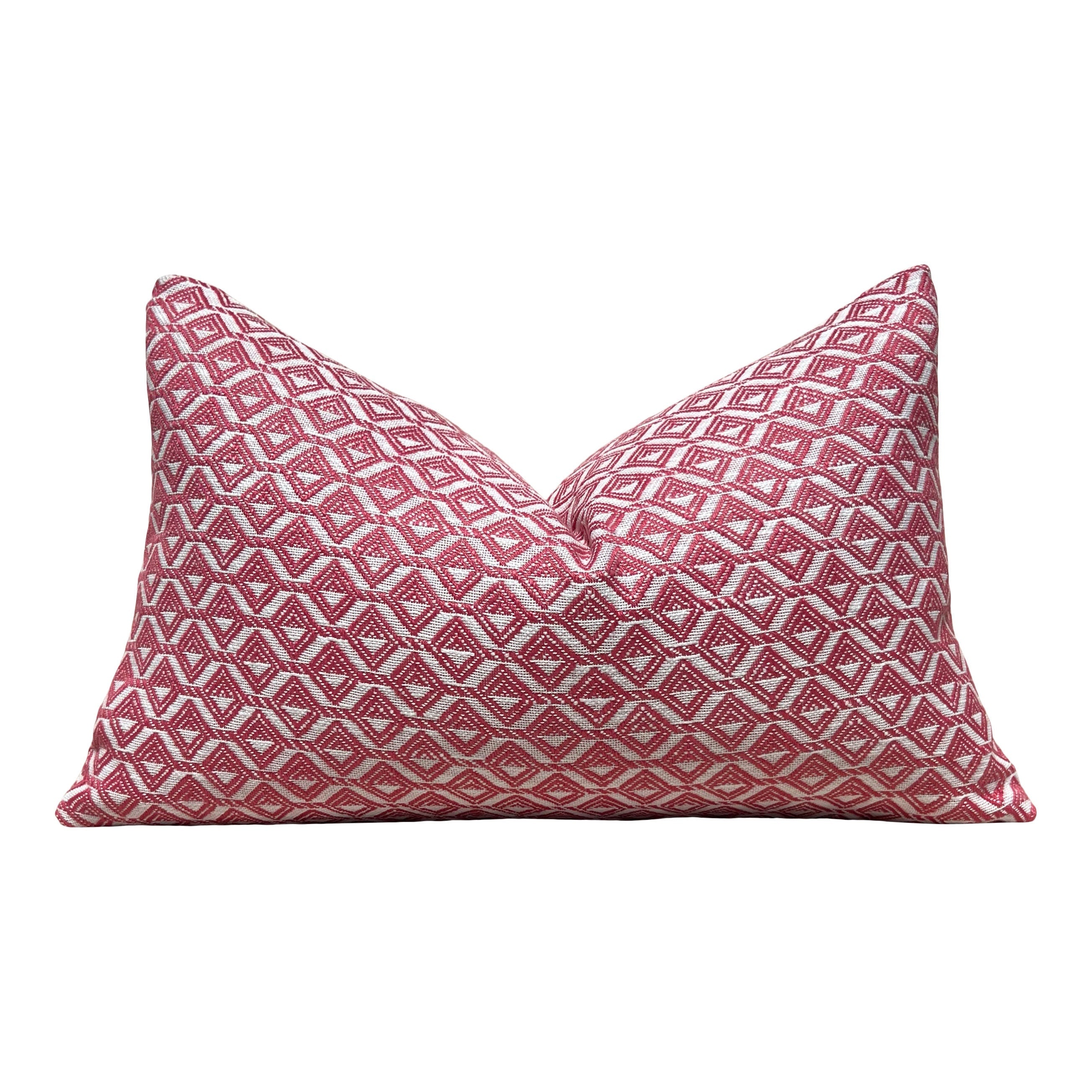 Outdoor Trion Woven Pillow in Peony. Thiabut Designer Patio Decorative Accent Cushion in Pink. Lumbar Chair Pillow Case in Pink and White