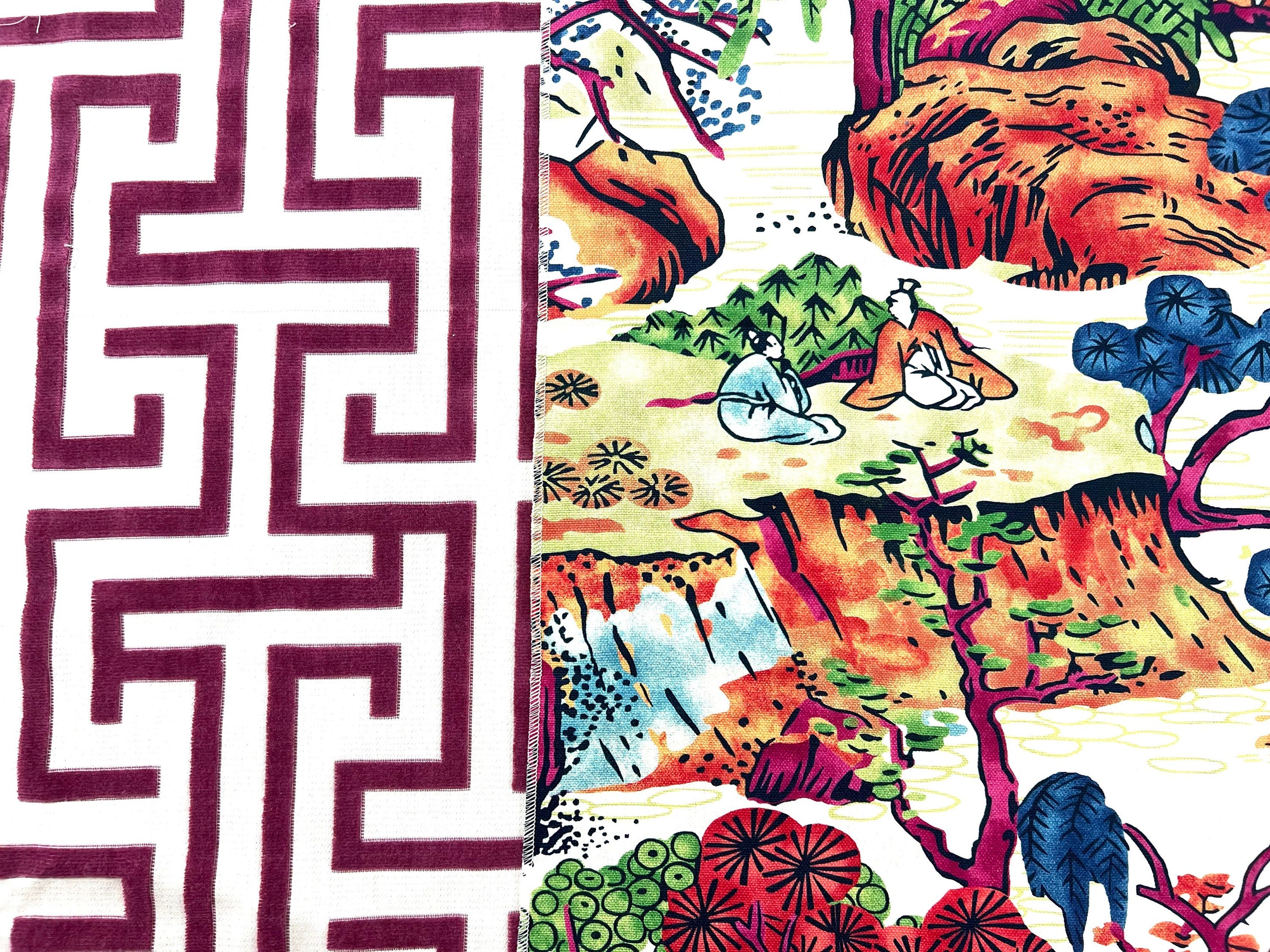 Asian Scenic Pillow Burnt Orange. Chinoiserie Pillow, Asian Lumbar Pillow, Pagoda Pillow in Berry and Green, Tea House Orange Green Pillow