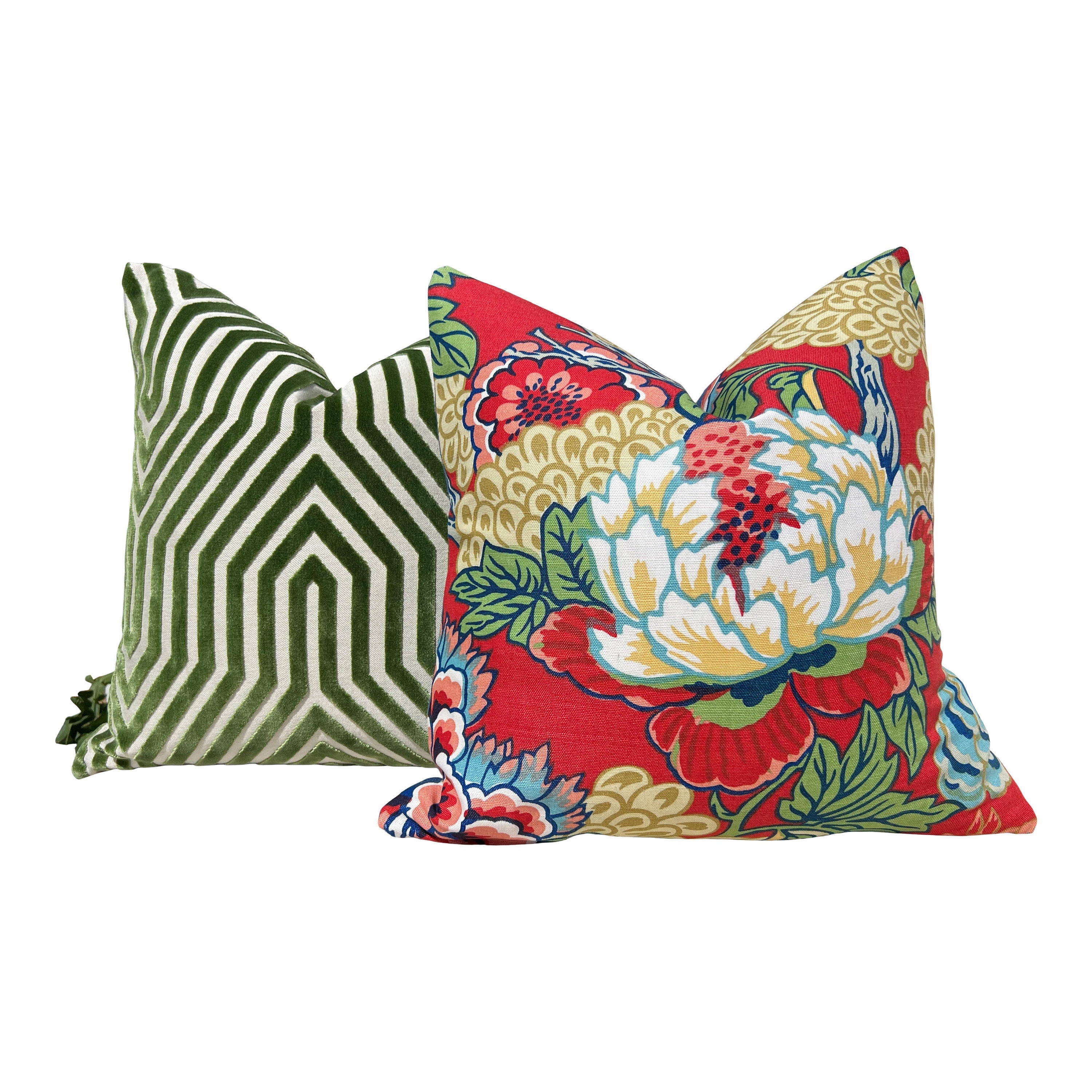 Thibaut Honshu Pillow in Coral. Chinoiserie PillowCover, Lumbar Red Green Pillow, Euro Sham Pillow, Floral Bedding Pillow Decor