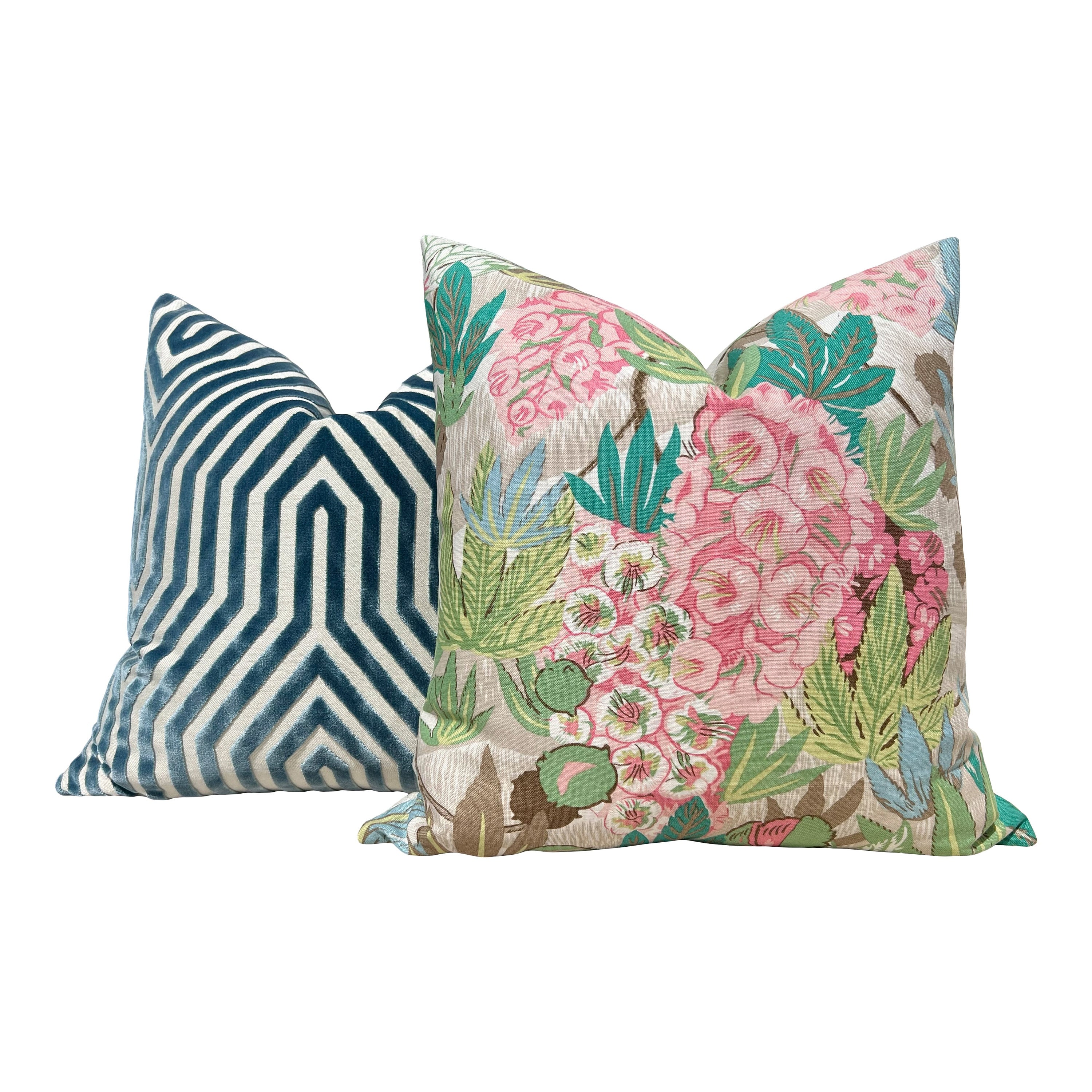Del Lungo Exotic Floral Pillow Pink Teal Green. Tropical Blush Pillow Case, Designer Cushion Cover, Euro Sham Slipcover, Lumbar Pillow