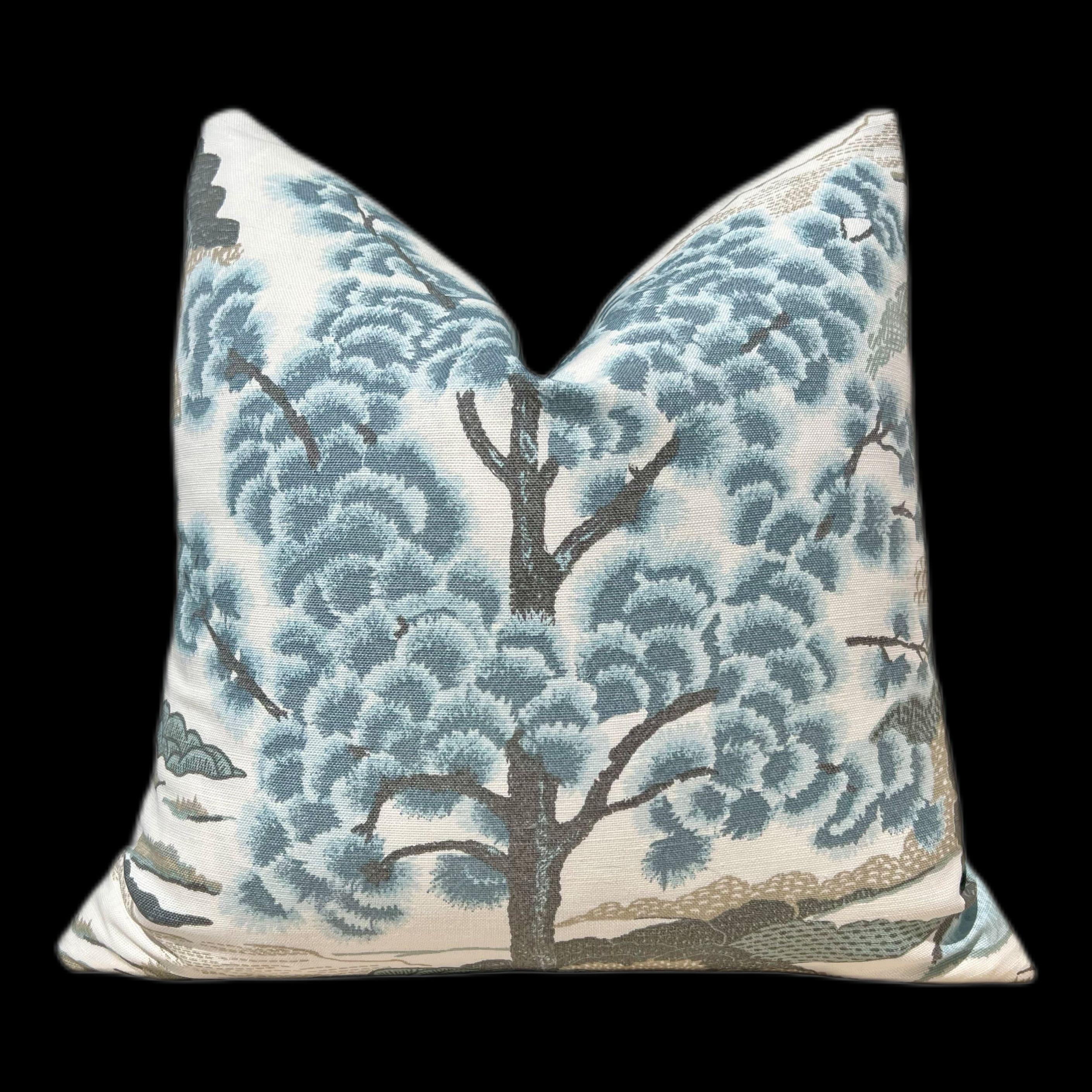 Designer Daintree Decorative Pillow in Aqua. Accent Botanical Pillow cover in Aqua Blue, Euro Sham Cotton Linen Cushion Case with Zipper