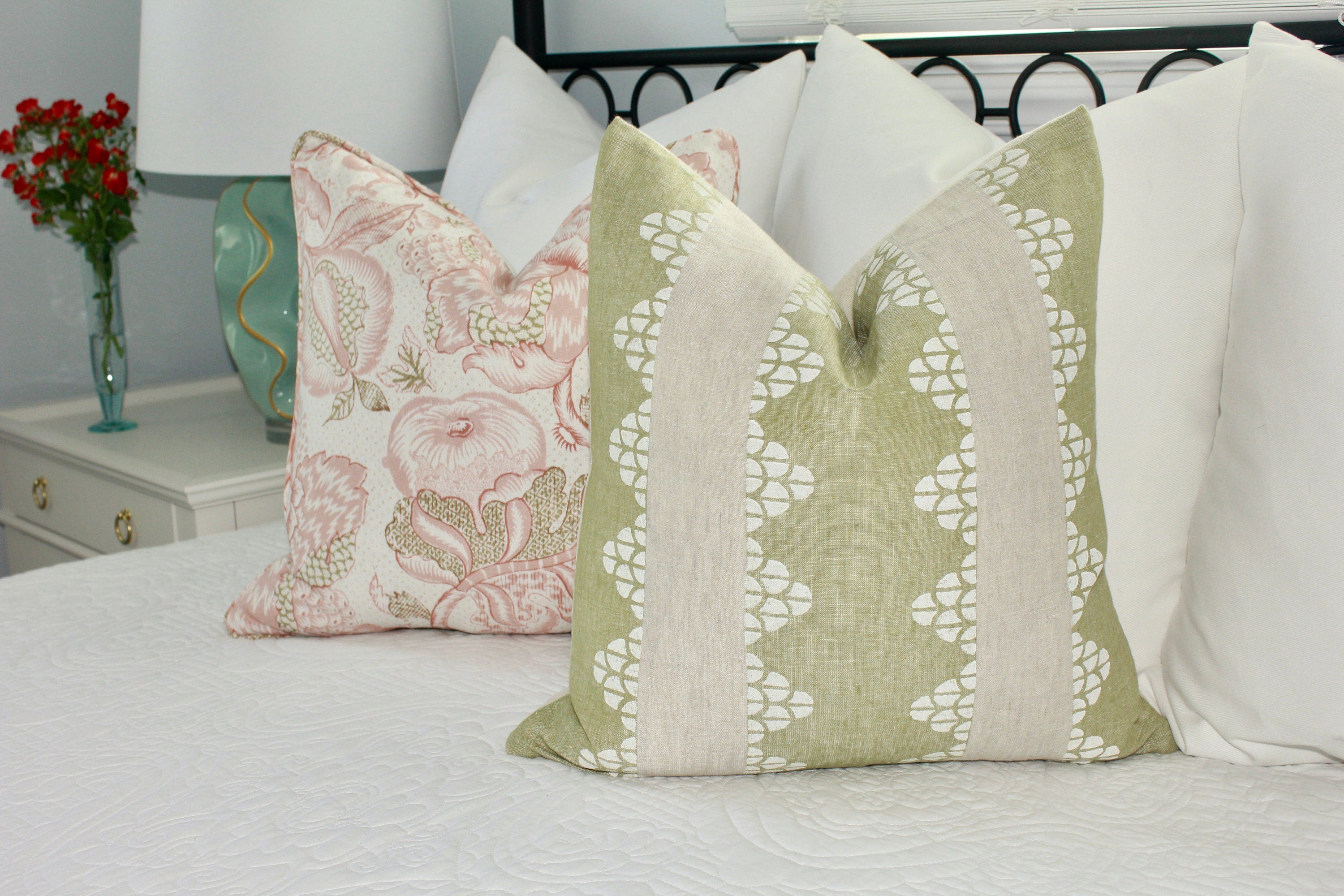 Thibaut Westmont Floral Pillow in Blush. Designer Pillows // Floral Pillows in Pink and Green // High End Linen Pillows // Euro Sham Cover