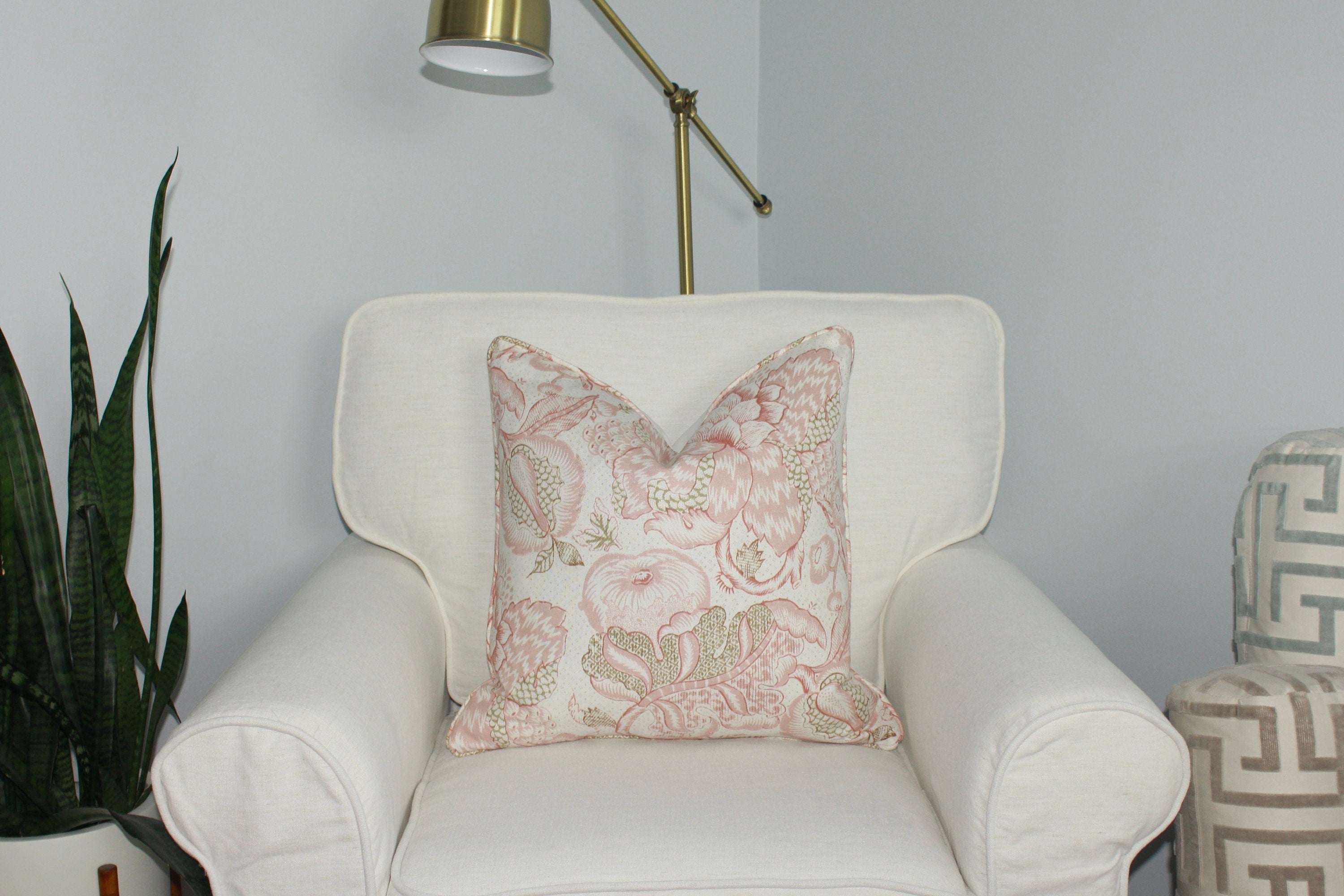 Thibaut Westmont Floral Pillow in Blush. Designer Pillows // Floral Pillows in Pink and Green // High End Linen Pillows // Euro Sham Cover