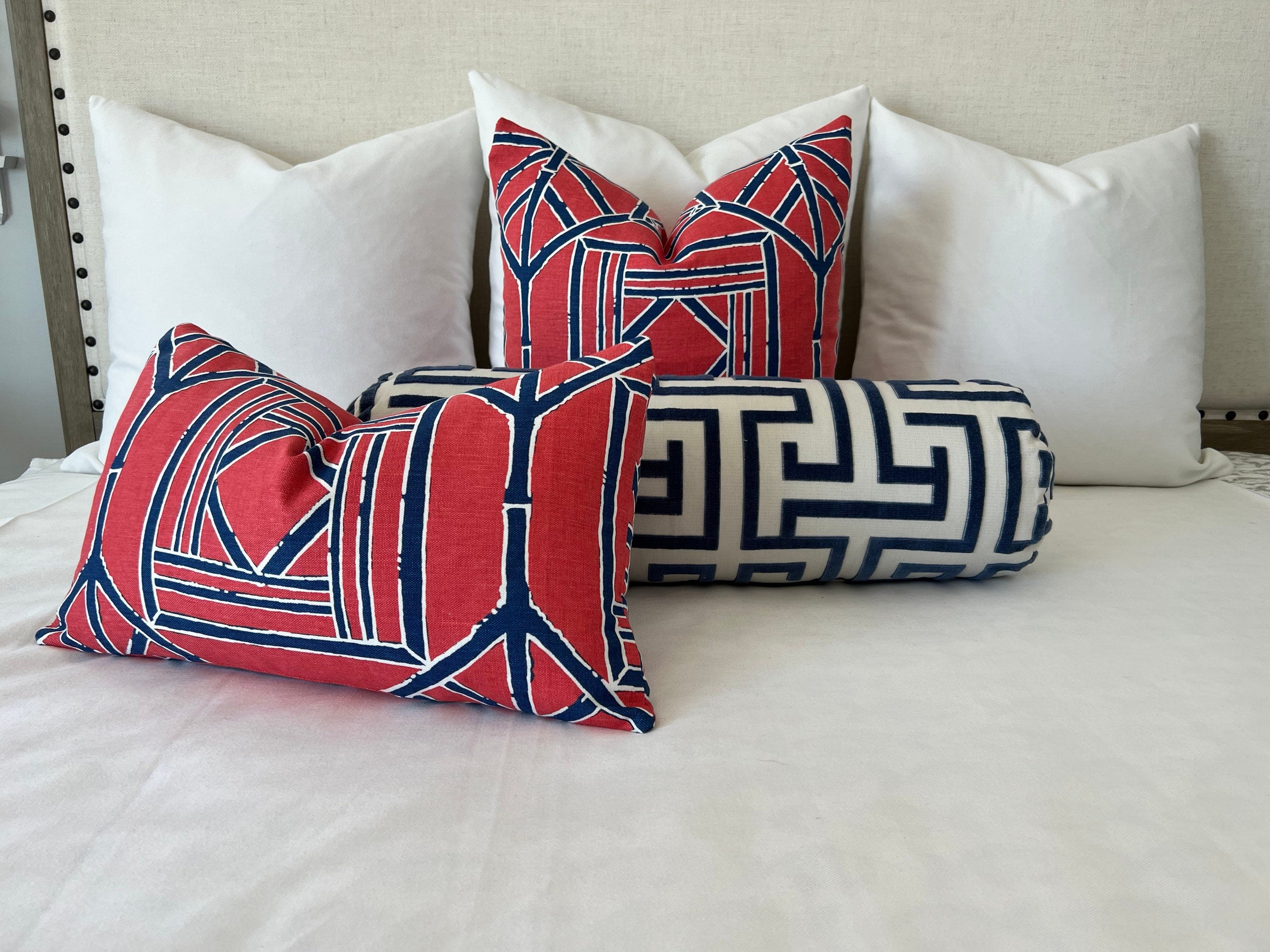 Shoji Panel Pillow in Raspberry and Blue. Geometric Accent Designers Pillow Cover in Red Bamboo Chinoiserie Lumbar Cushion Euro Sham