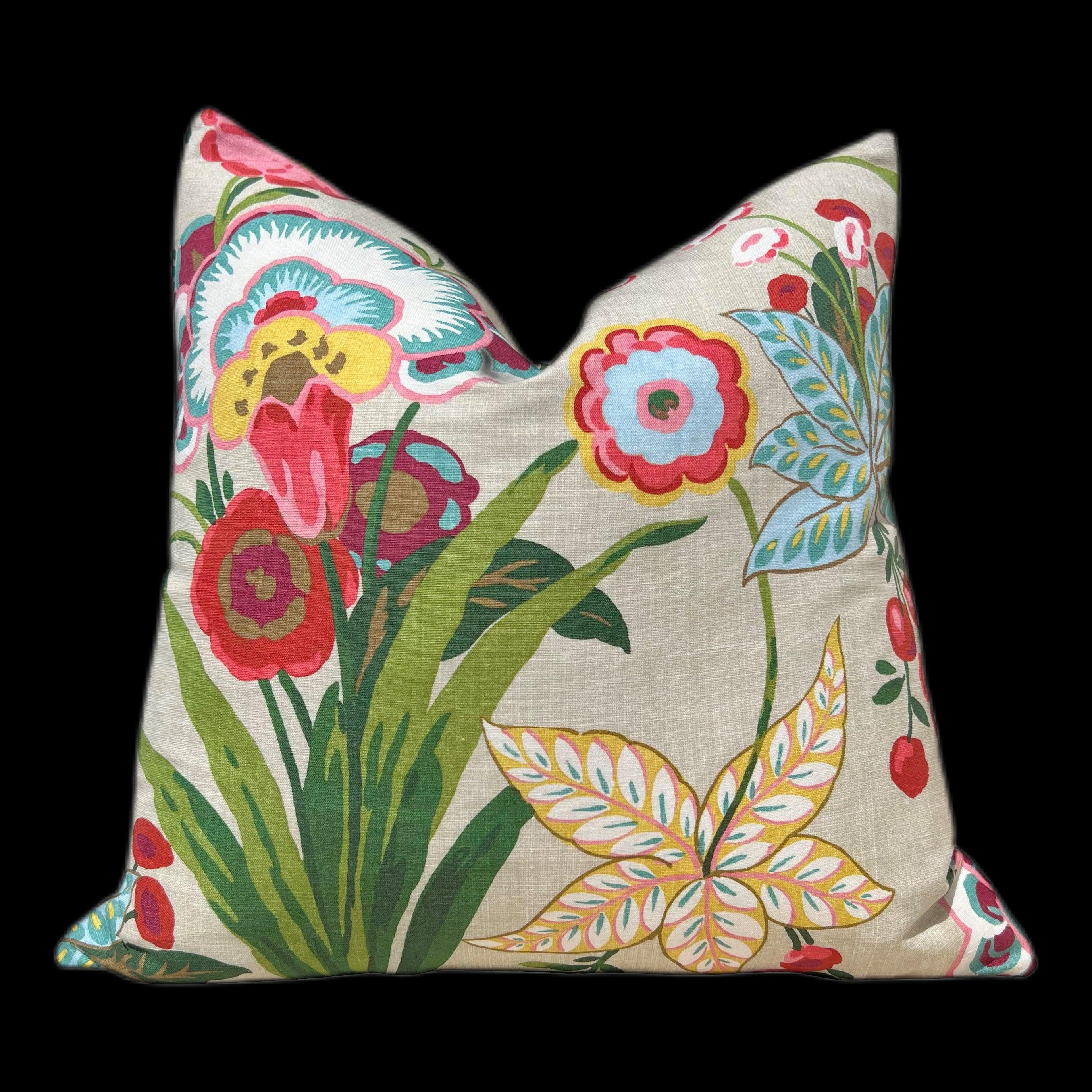 Floral Pasadena Pillow in Beige. Decorative Accent Cushion Cover in Beige Green Red Aqua, Euro Sham Floral Case for Bed Sofa, Lumbar Pillow