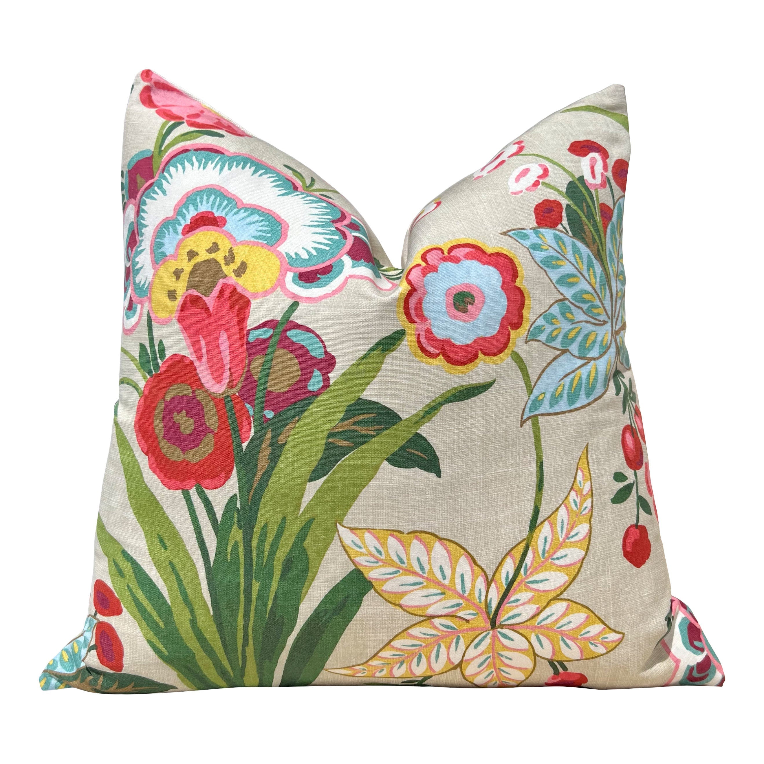 Floral Pasadena Pillow in Beige. Decorative Accent Cushion Cover in Beige Green Red Aqua, Euro Sham Floral Case for Bed Sofa, Lumbar Pillow