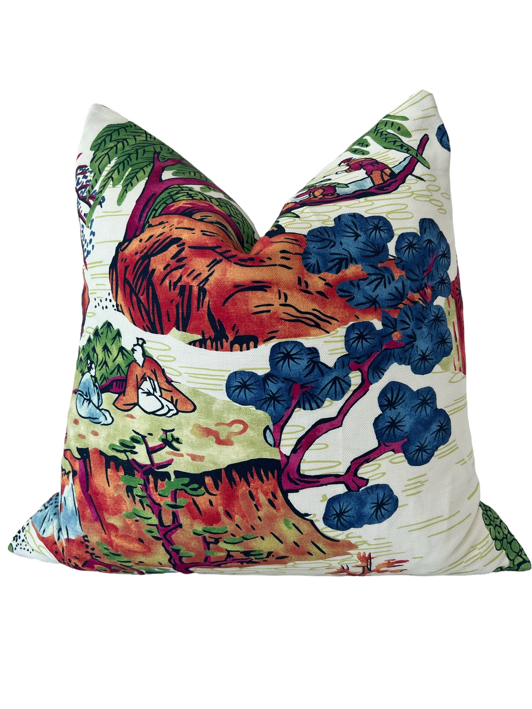 Asian Scenic Pillow Burnt Orange. Chinoiserie Pillow, Asian Lumbar Pillow, Pagoda Pillow in Berry and Green, Tea House Orange Green Pillow