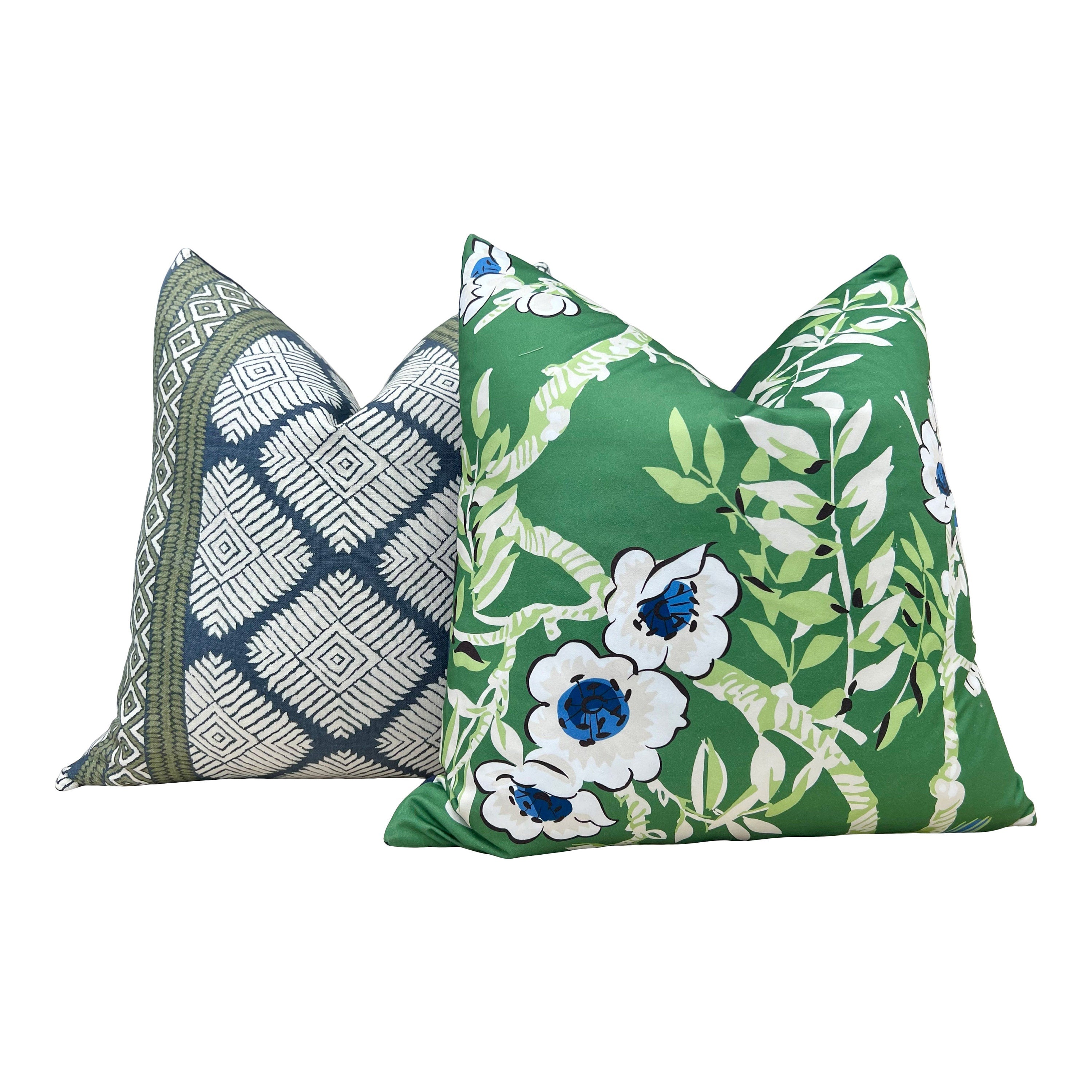 Designer Floral Decorative Pillow in Green and Blue. Thibaut Yukio High End Accent Pillow in Green, Chinoiserie Cushion Cover Euro Sham