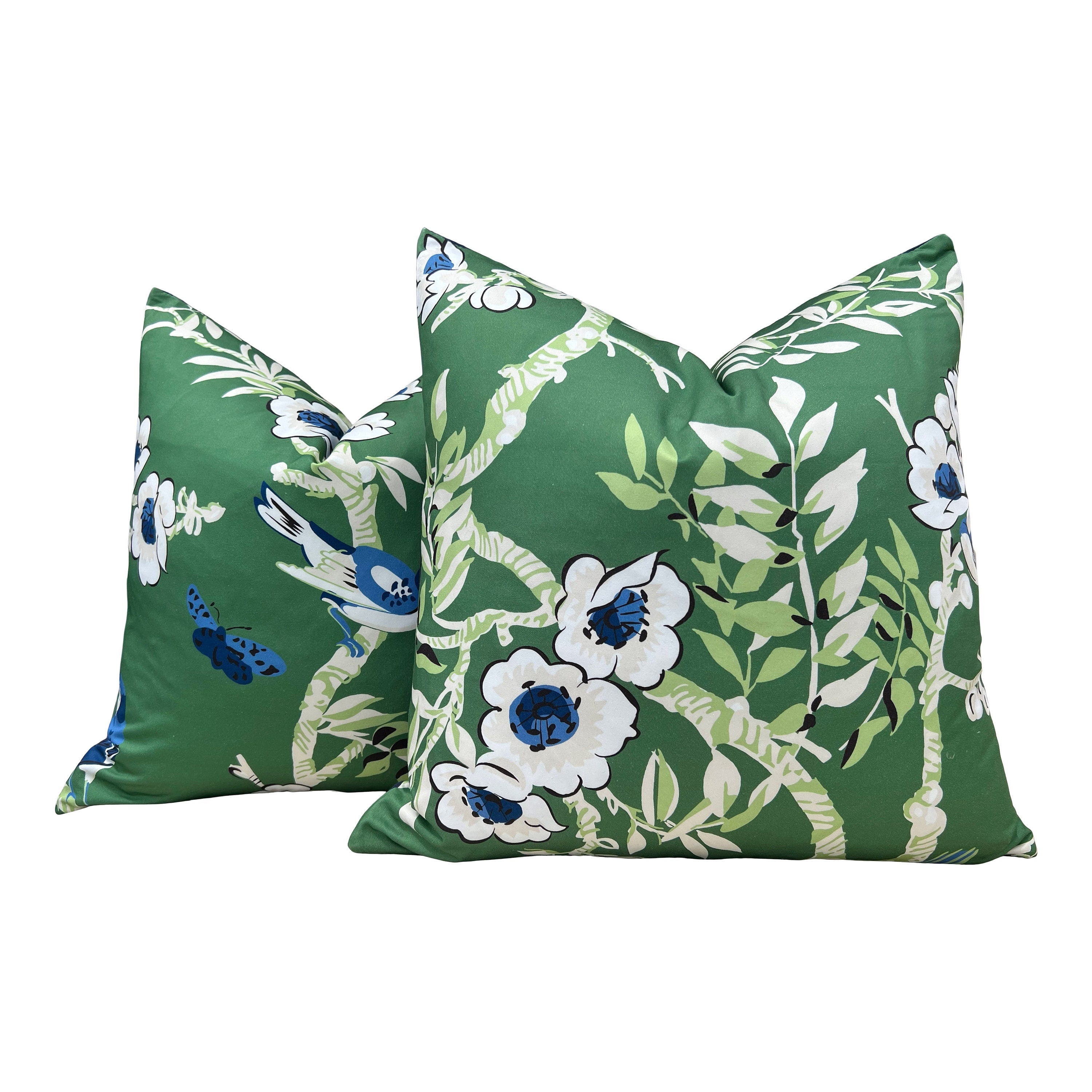 Designer Floral Decorative Pillow in Green and Blue. Thibaut Yukio High End Accent Pillow in Green, Chinoiserie Cushion Cover Euro Sham