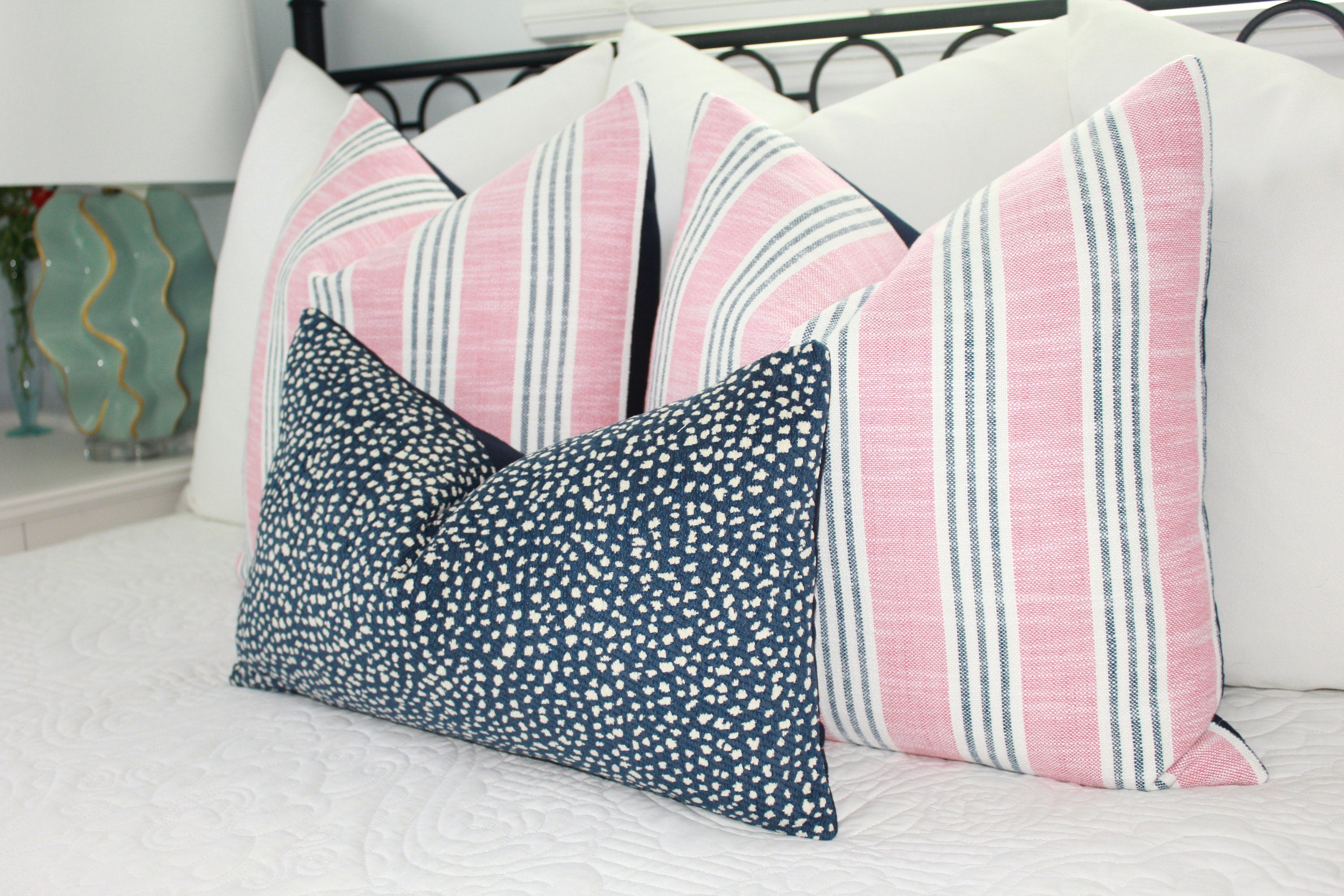 Thibaut Indoor/Outdoor Woven Southport Stripe Pillow in Peony and Navy. Outdoor Striped Pillow Cover Pink and Dark Blue Accent Lumbar