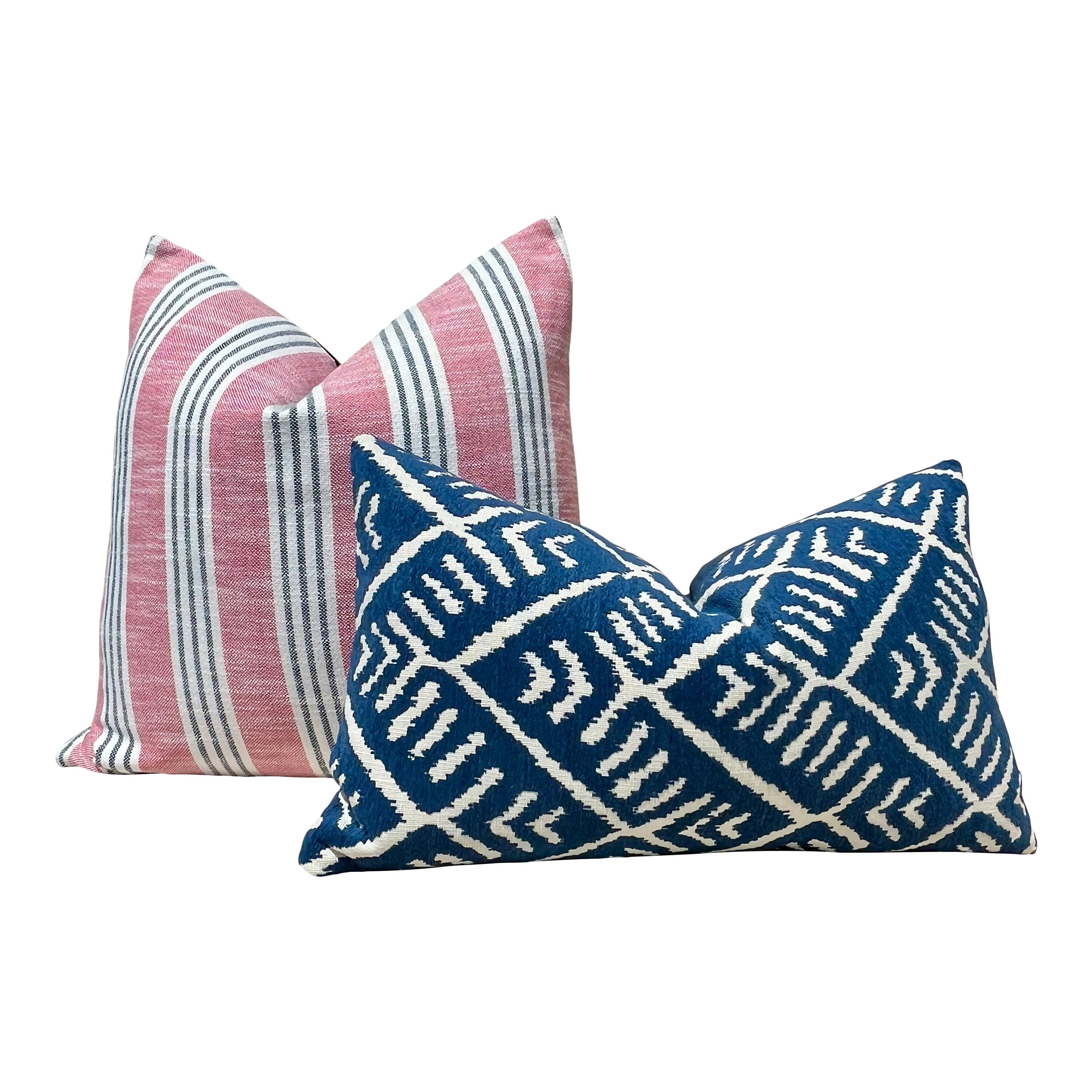 Outdoor Tahoe Geometric Pillow in Denim. Zig Zag Blue Decorative Pillow Cover, Designers Chevron Outdoor Lumbar Pillow in Blue and White,
