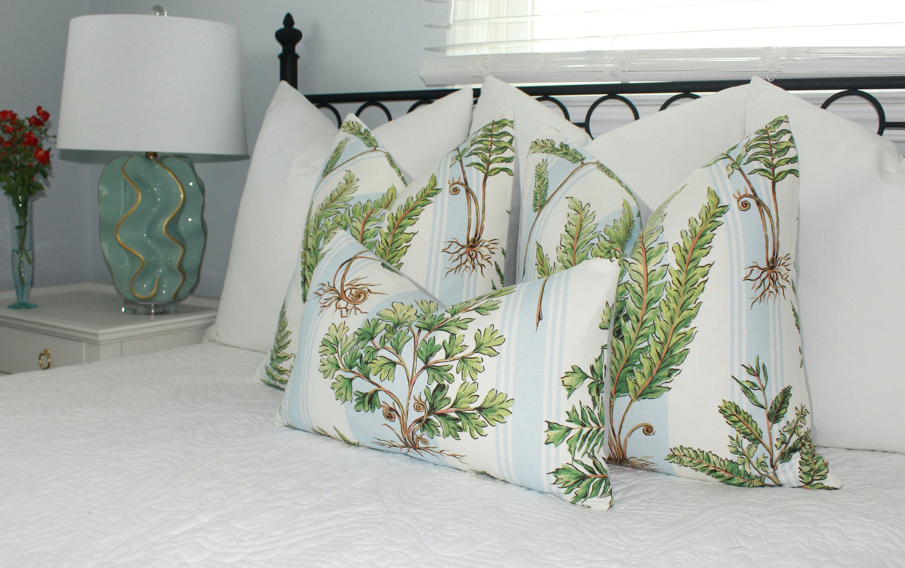 Designer Fern Pillow in Aqua Blue, Green and White. Lumbar Pillow in Light Blue Stripes, Euro Sham Cover, High End Accent Pillow Cover