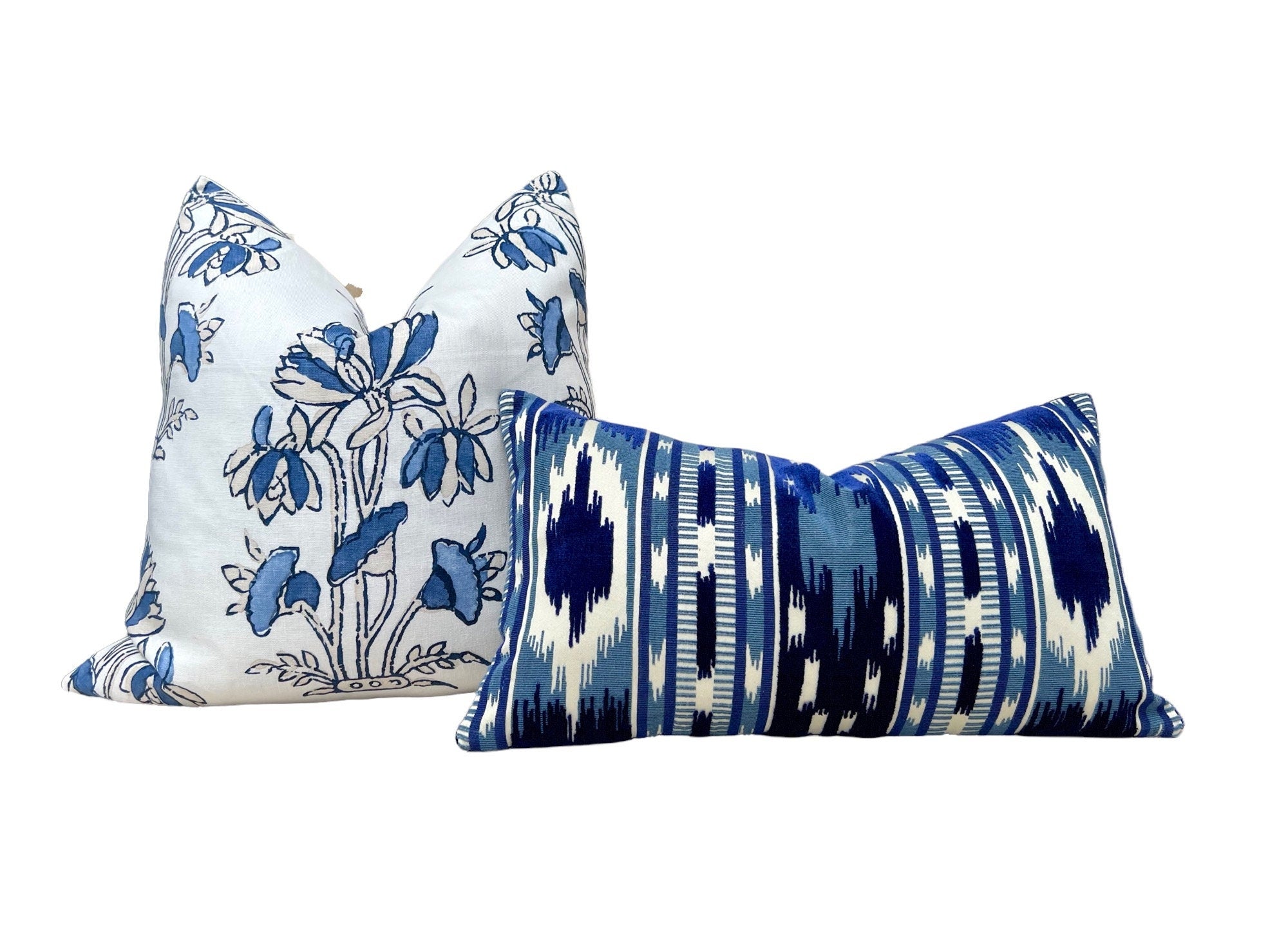 Thibaut Lily Flower Pillow in Blue and White. Designer Pillows, Accent Floral Pillow in Blue, Euro Sham Cushion Cover, High End Pillows