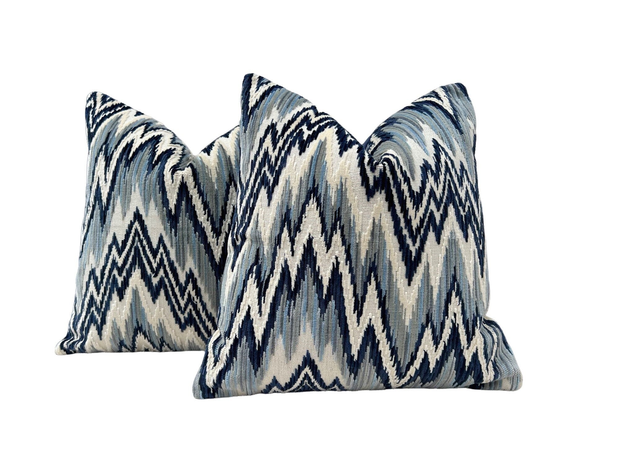 Thibaut Rhythm Velvet Pillow in Sterling and Navy. Designer Pillows // Zig Zag Velvet Pillow Covers // High End Pillows // Blue Gray Pillows