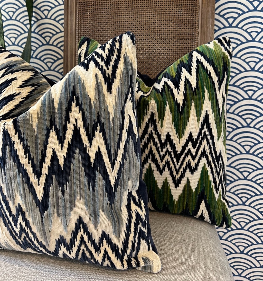 Thibaut Rhythm Velvet Pillow in Emerald and Navy. Designer Pillows // Zig Zag Velvet Pillow // High End Pillows // Green and Navy Pillows