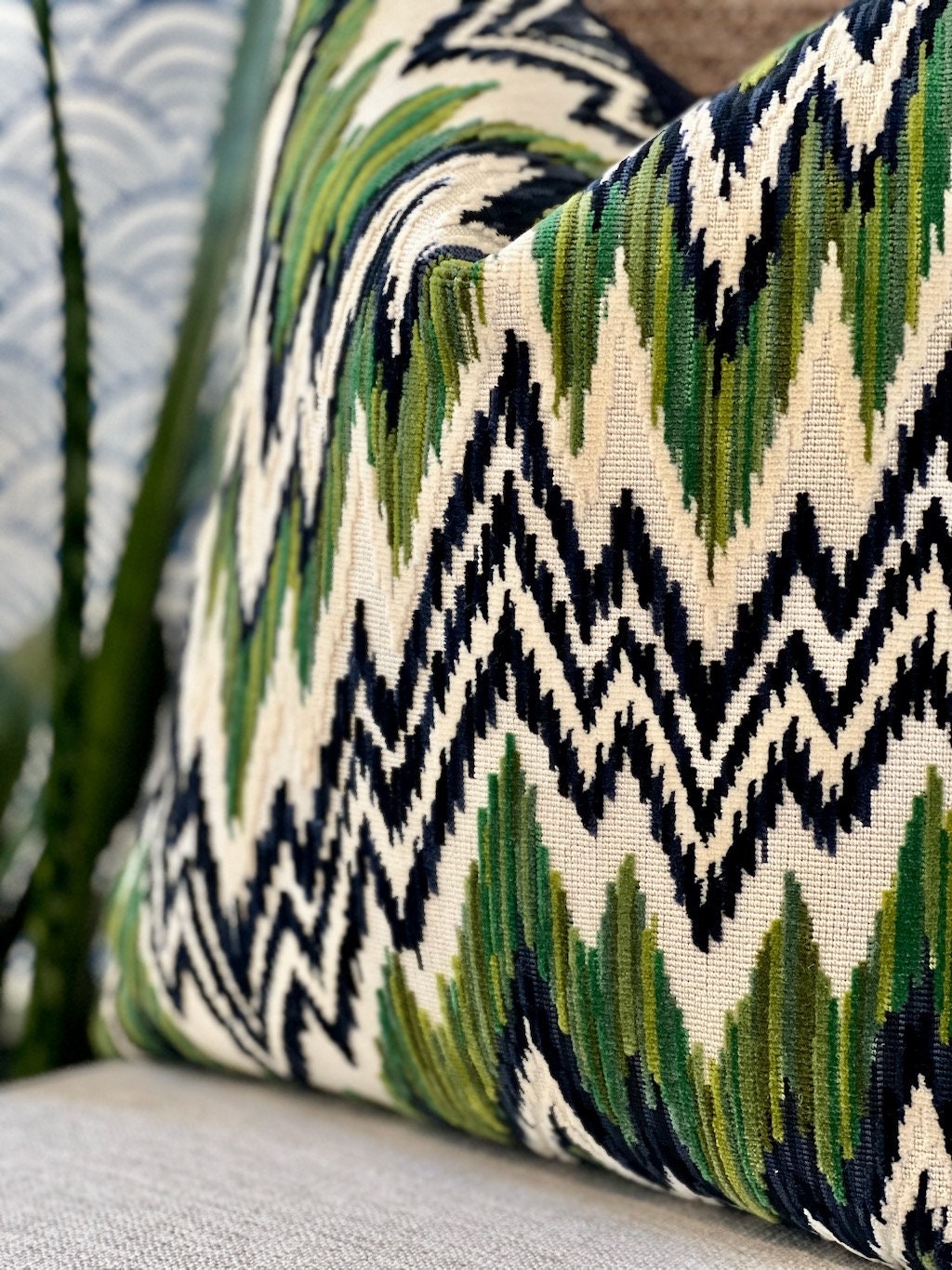 Thibaut Rhythm Velvet Pillow in Emerald and Navy. Designer Pillows // Zig Zag Velvet Pillow // High End Pillows // Green and Navy Pillows