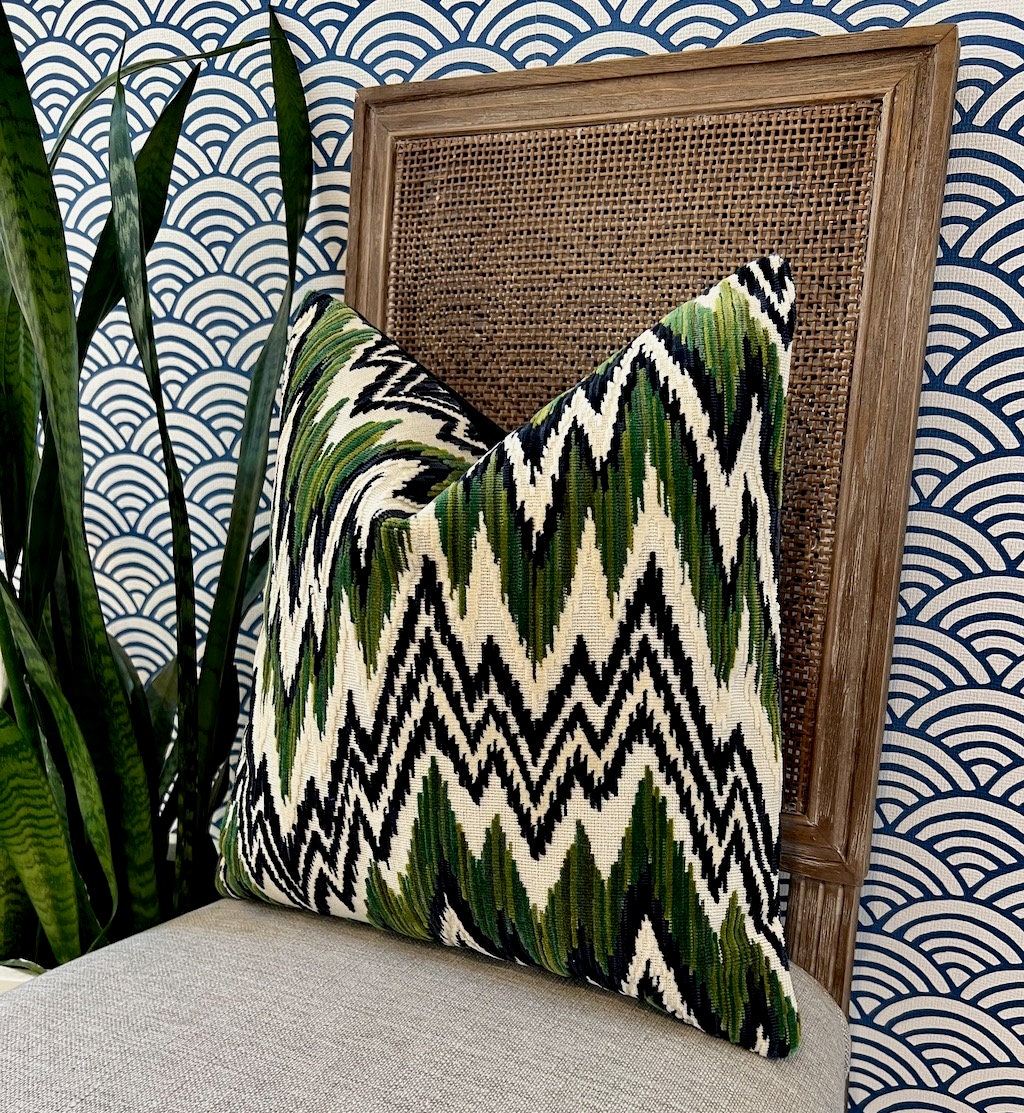 Thibaut Rhythm Velvet Pillow in Emerald and Navy. Designer Pillows // Zig Zag Velvet Pillow // High End Pillows // Green and Navy Pillows
