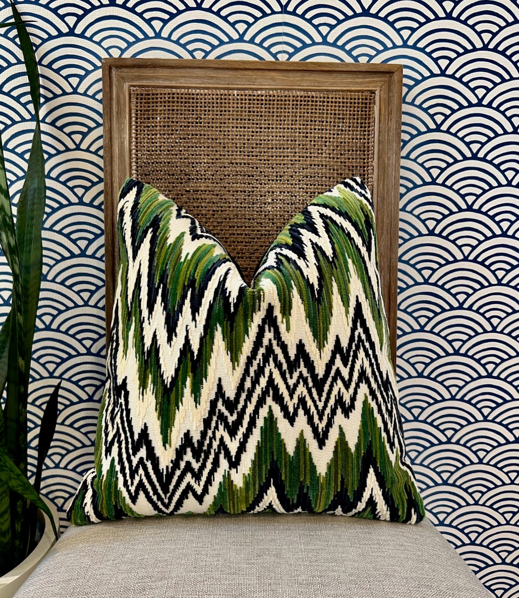 Thibaut Rhythm Velvet Pillow in Emerald and Navy. Designer Pillows // Zig Zag Velvet Pillow // High End Pillows // Green and Navy  Pillows