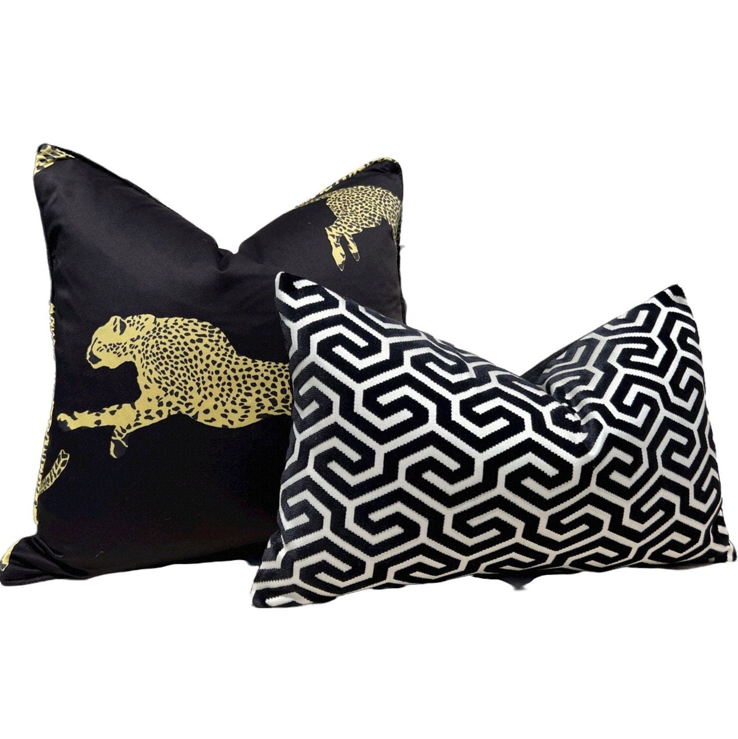 Scalamandre Leaping Cheetah in Black Magic. Designer Pillows, High End Pillows, Black Animal Print Pillows, Lumbar Cheetah Pillows Black
