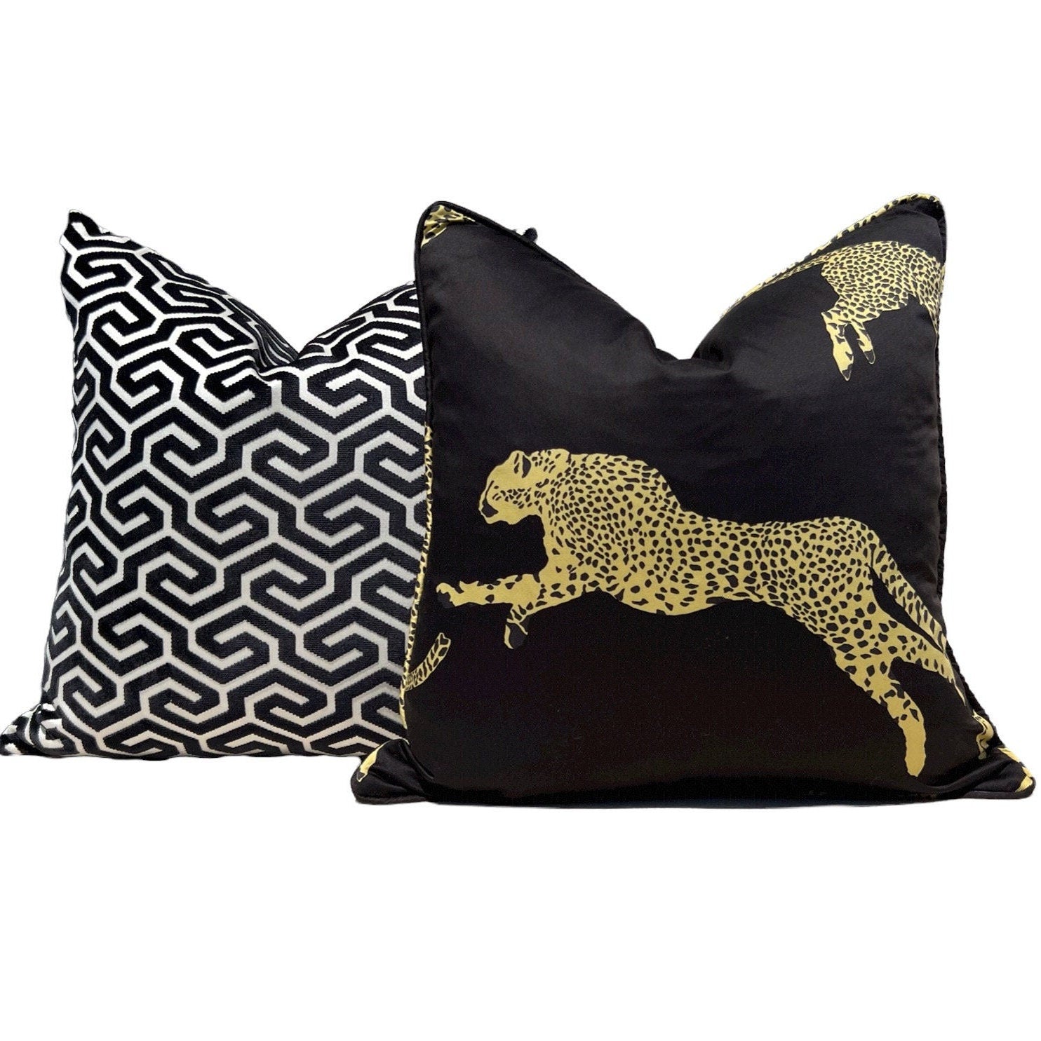 Scalamandre Leaping Cheetah in Black Magic. Designer Pillows, High End Pillows, Black Animal Print Pillows, Lumbar Cheetah Pillows Black