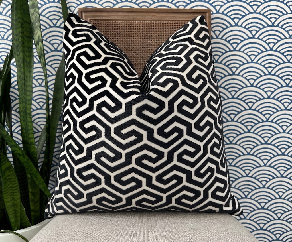 Schumacher Ming Fret Velvet Pillow in Black. Designer Modern Pillows, High End Pillows, Black Fret Works Velvet Pillow, Contemporary Pillow
