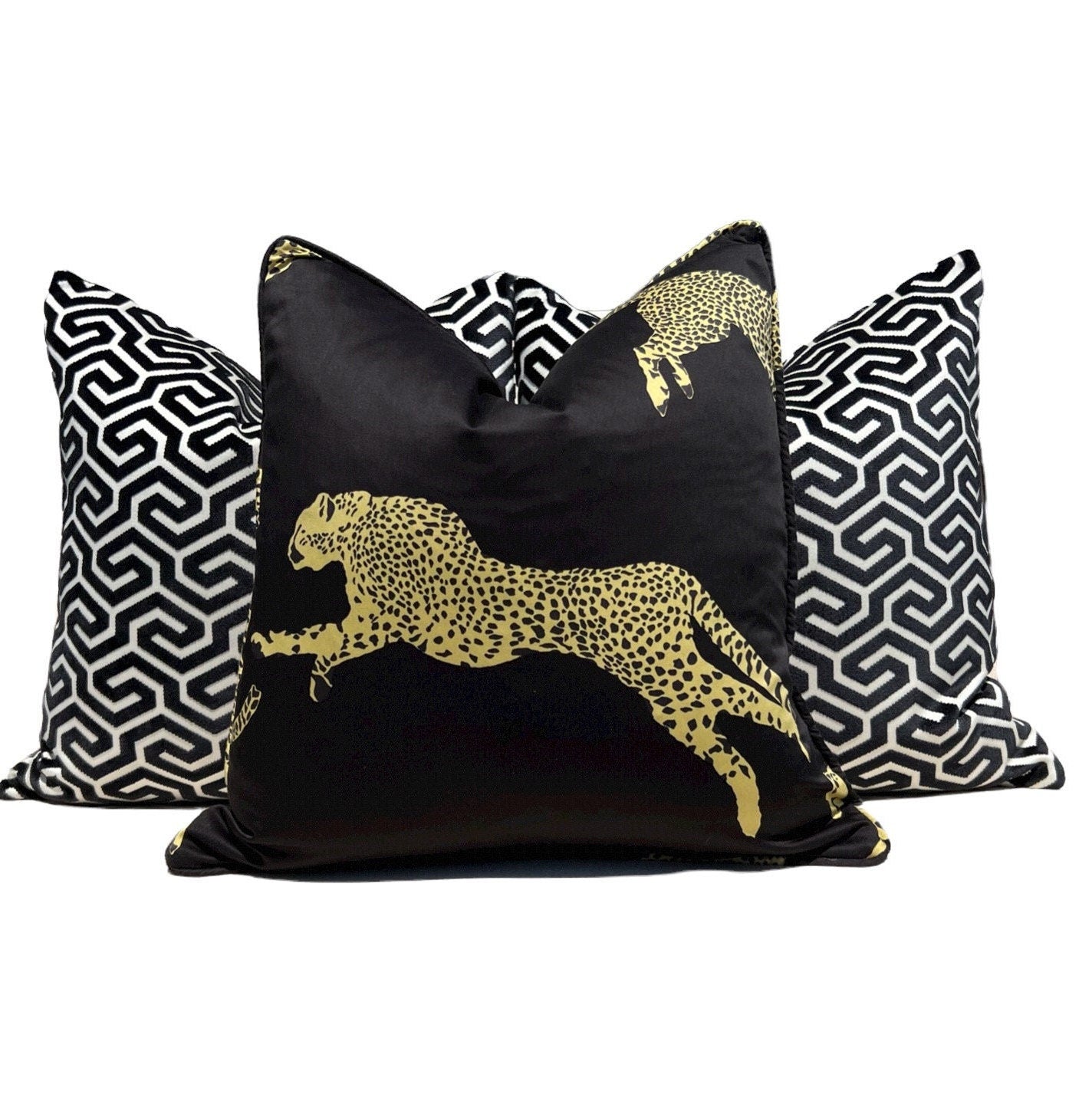 Schumacher Ming Fret Velvet Pillow in Black. Designer Modern Pillows, High End Pillows, Black Fret Works Velvet Pillow, Contemporary Pillow