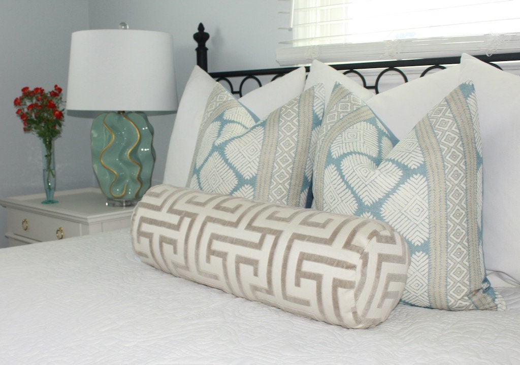 Thibaut Austin Striped Pillow in Spa Blue. High End Pillows, Euro Sham Covers Spa Blue, Designer Pillows, Lumbar Striped Pillow Aqua Blu.