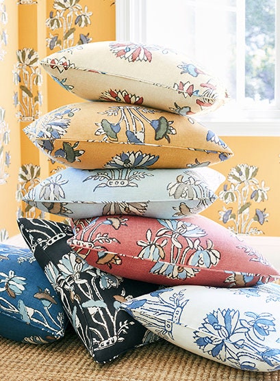 Thibaut Lily Flower Pillow in Blue and White. Designer Pillows, Accent Floral Pillow in Blue, Euro Sham Cushion Cover, High End Pillows