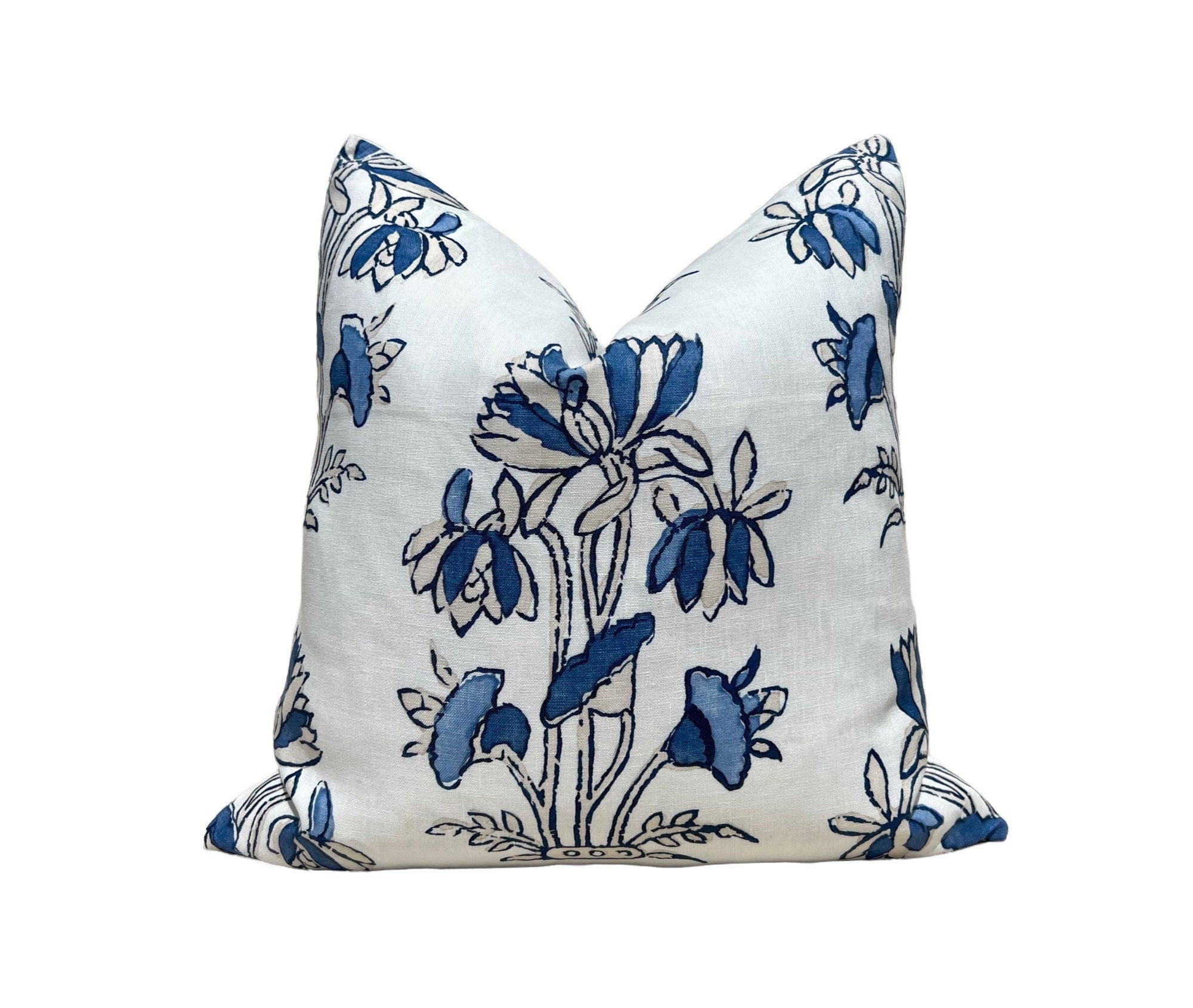 Thibaut Lily Flower Pillow in Blue and White. Designer Pillows, Accent Floral Pillow in Blue, Euro Sham Cushion Cover, High End Pillows