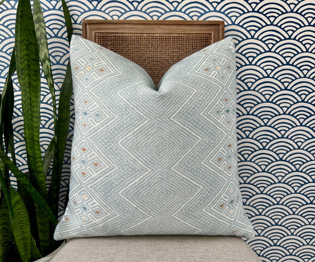 Thibaut High Plains Pillow in Spa Blue. Designer Pillows, High End Pillows, Aqua Blue Pillow Cover, Zig Zag Light Blue Accent Pillows